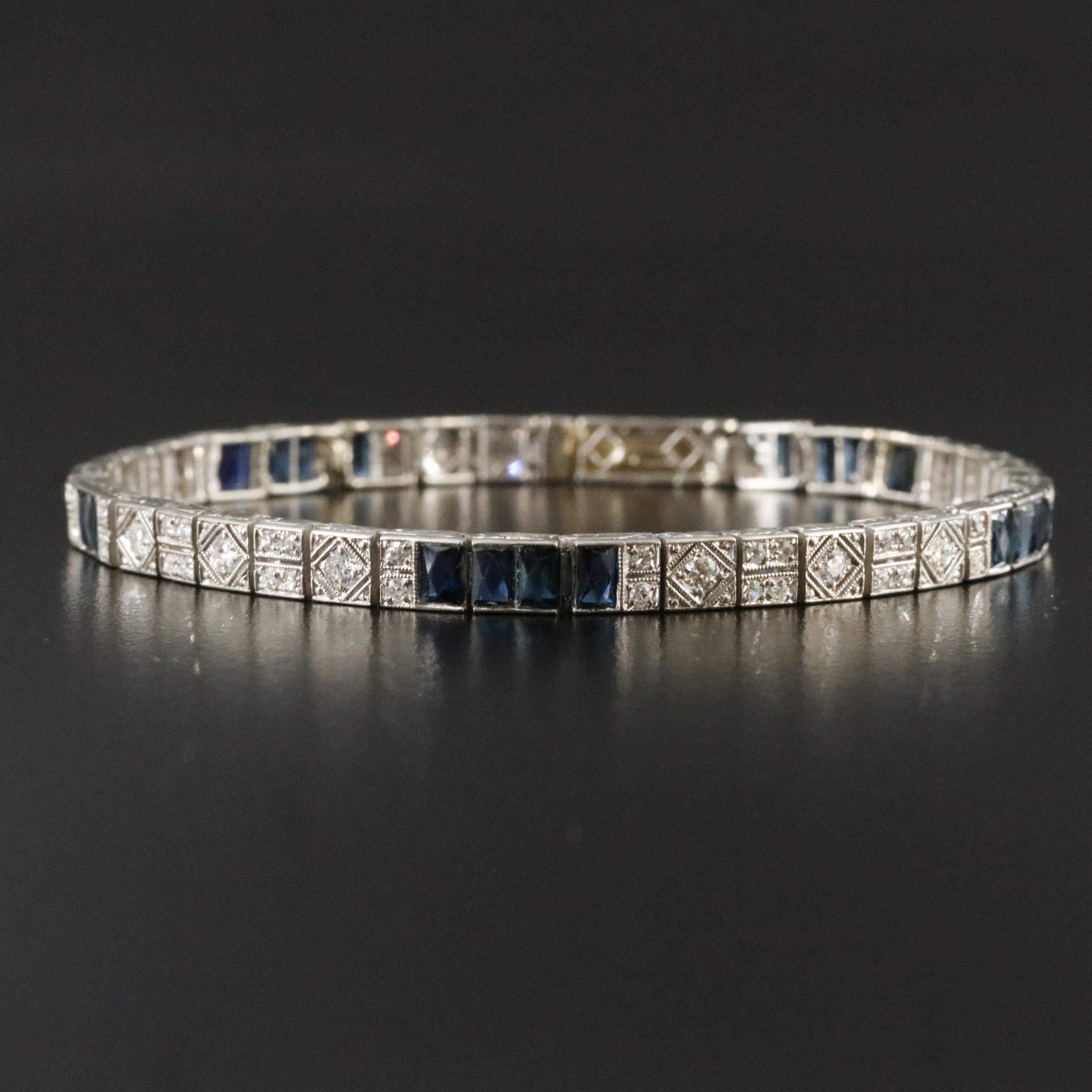 Art Deco Platinum 1.25 CTW Diamond and Sapphire Line Bracelet