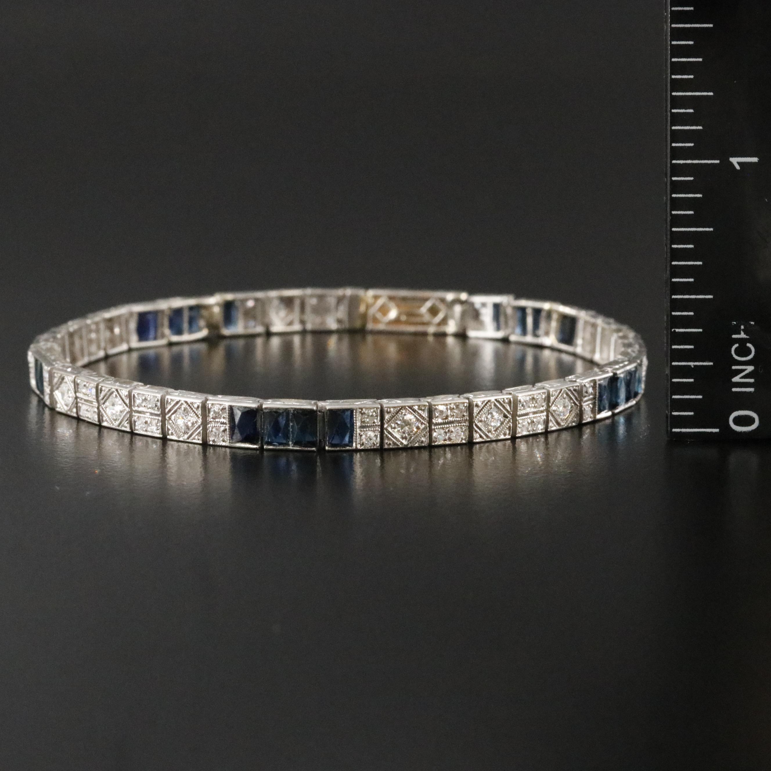 Art Deco Platinum 1.25 CTW Diamond and Sapphire Line Bracelet