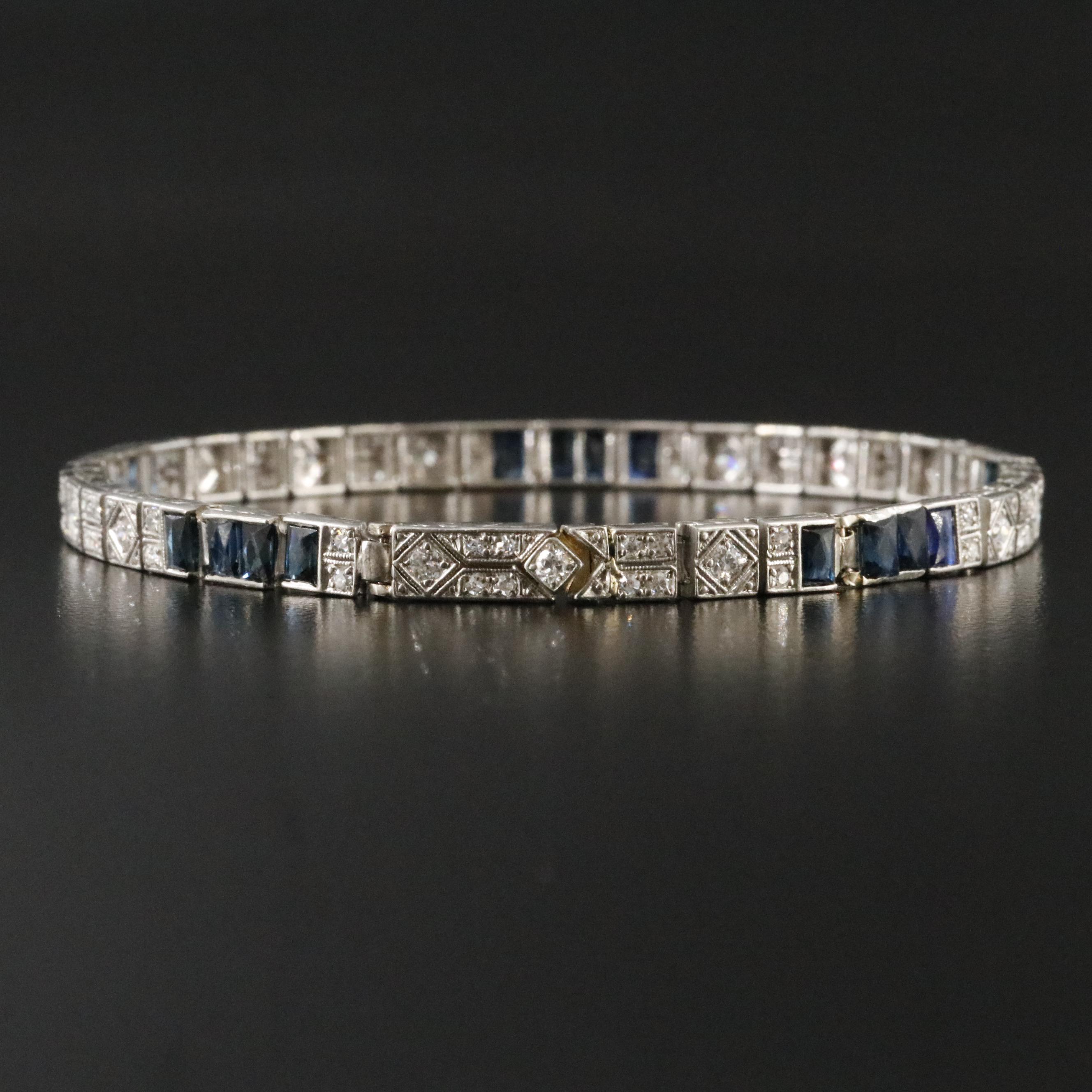 Art Deco Platinum 1.25 CTW Diamond and Sapphire Line Bracelet