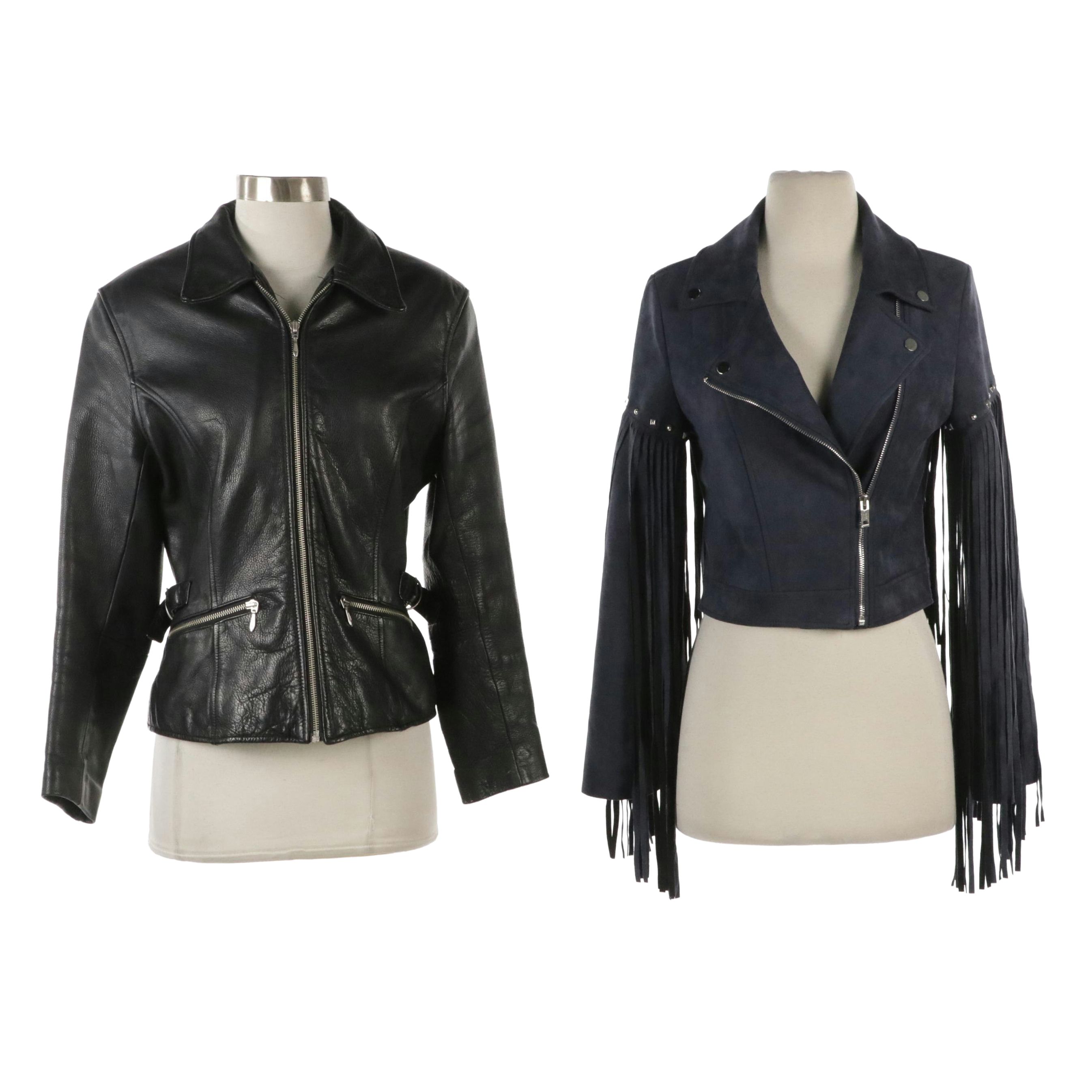 Wilsons Leather Moto Jacket and Fanco Studded Microfiber Fringed Crop Jacket
