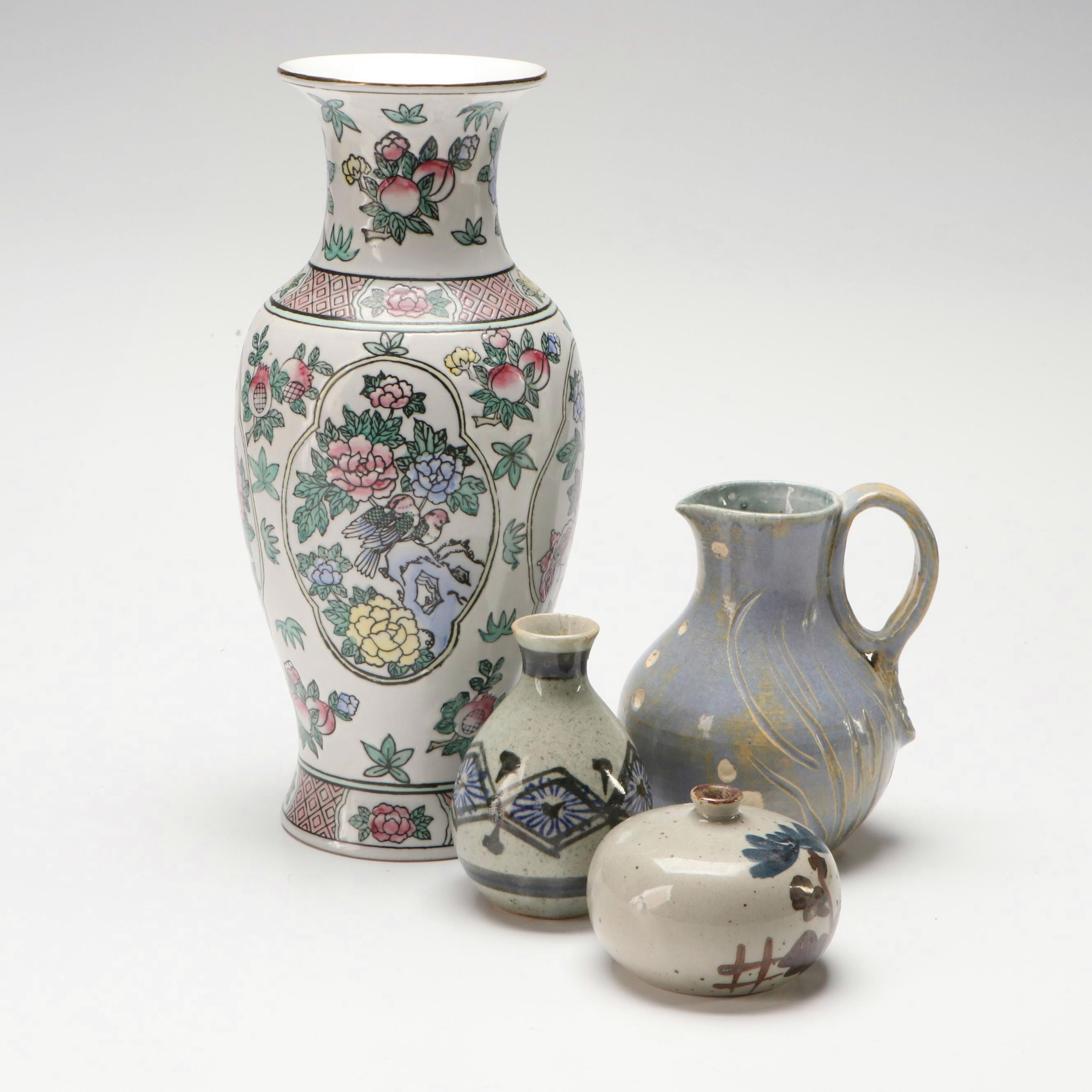 Chinese Famille Rose with Other Pottery Vases and Pitcher, Mid to Late 20th C.