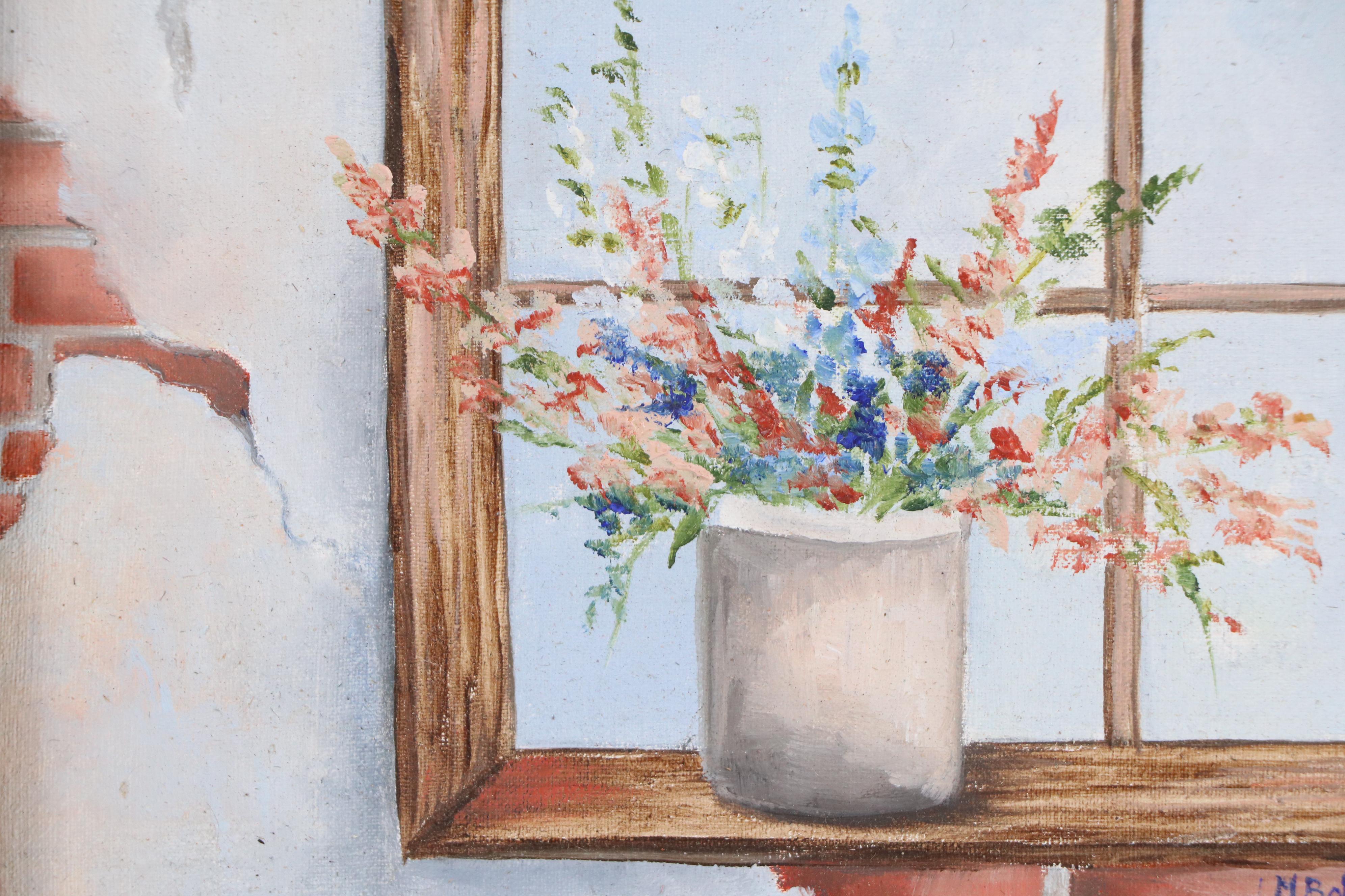 M. Bohne Oil Painting of Flowers on Windowsill "Simple Pleasures"