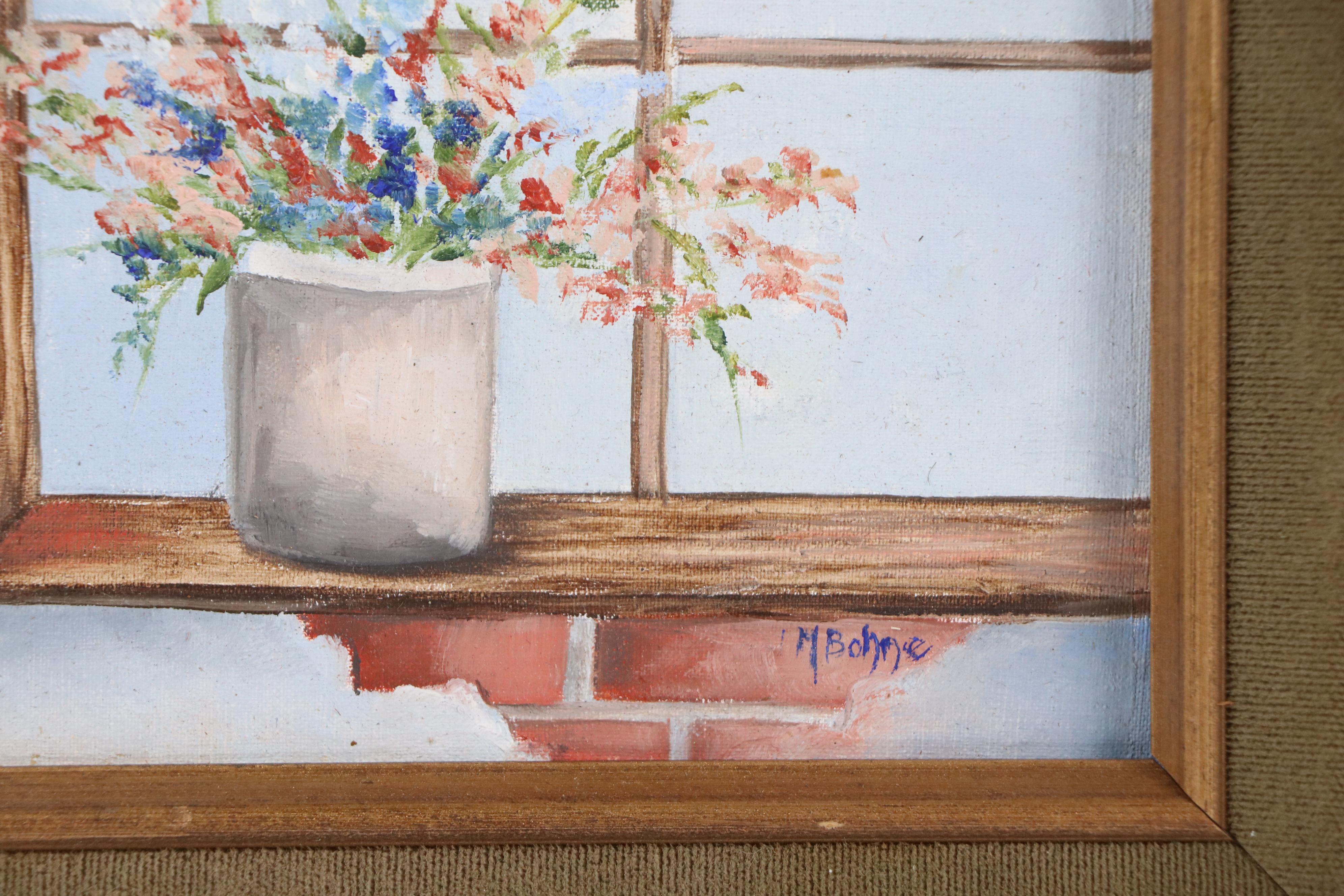M. Bohne Oil Painting of Flowers on Windowsill "Simple Pleasures"