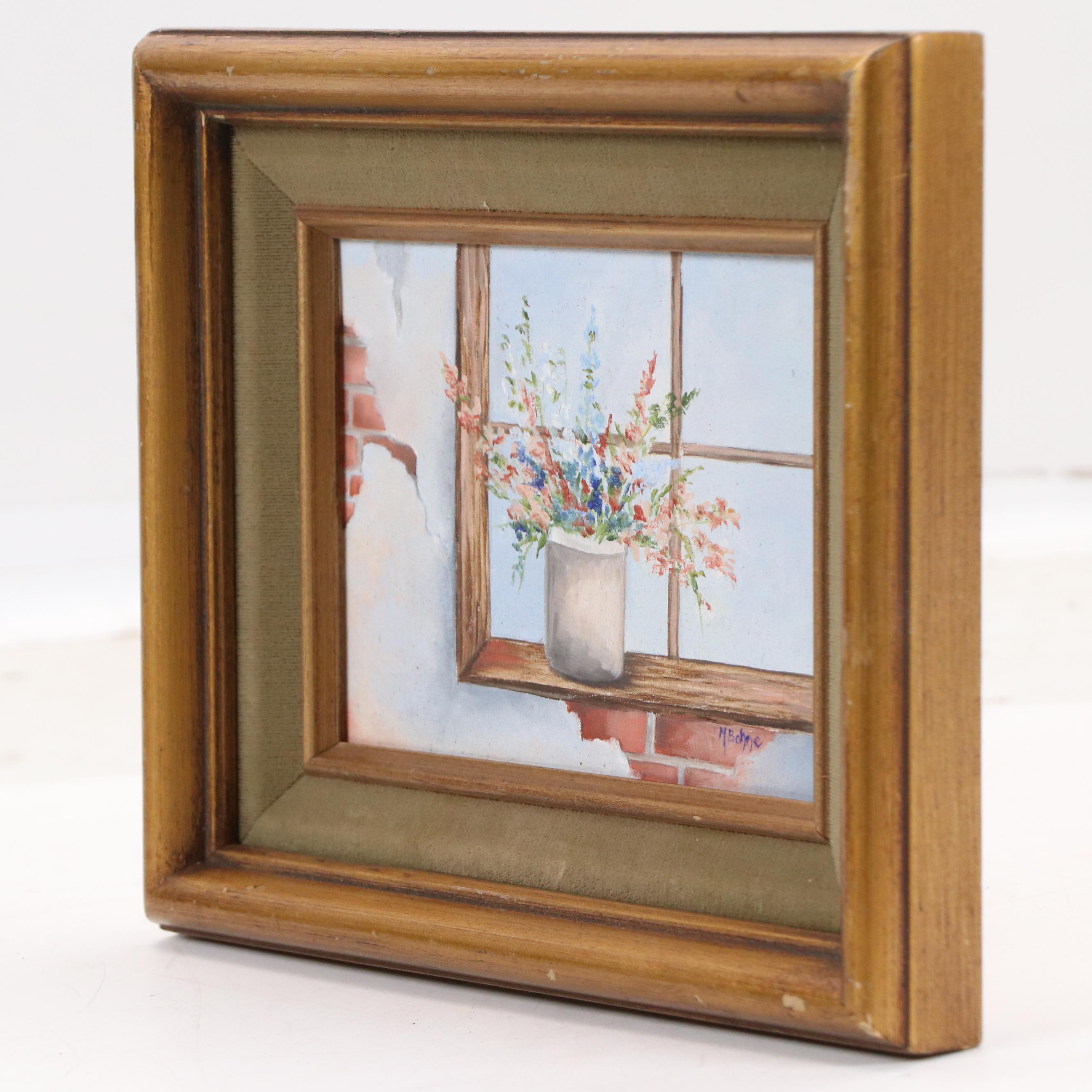 M. Bohne Oil Painting of Flowers on Windowsill "Simple Pleasures"