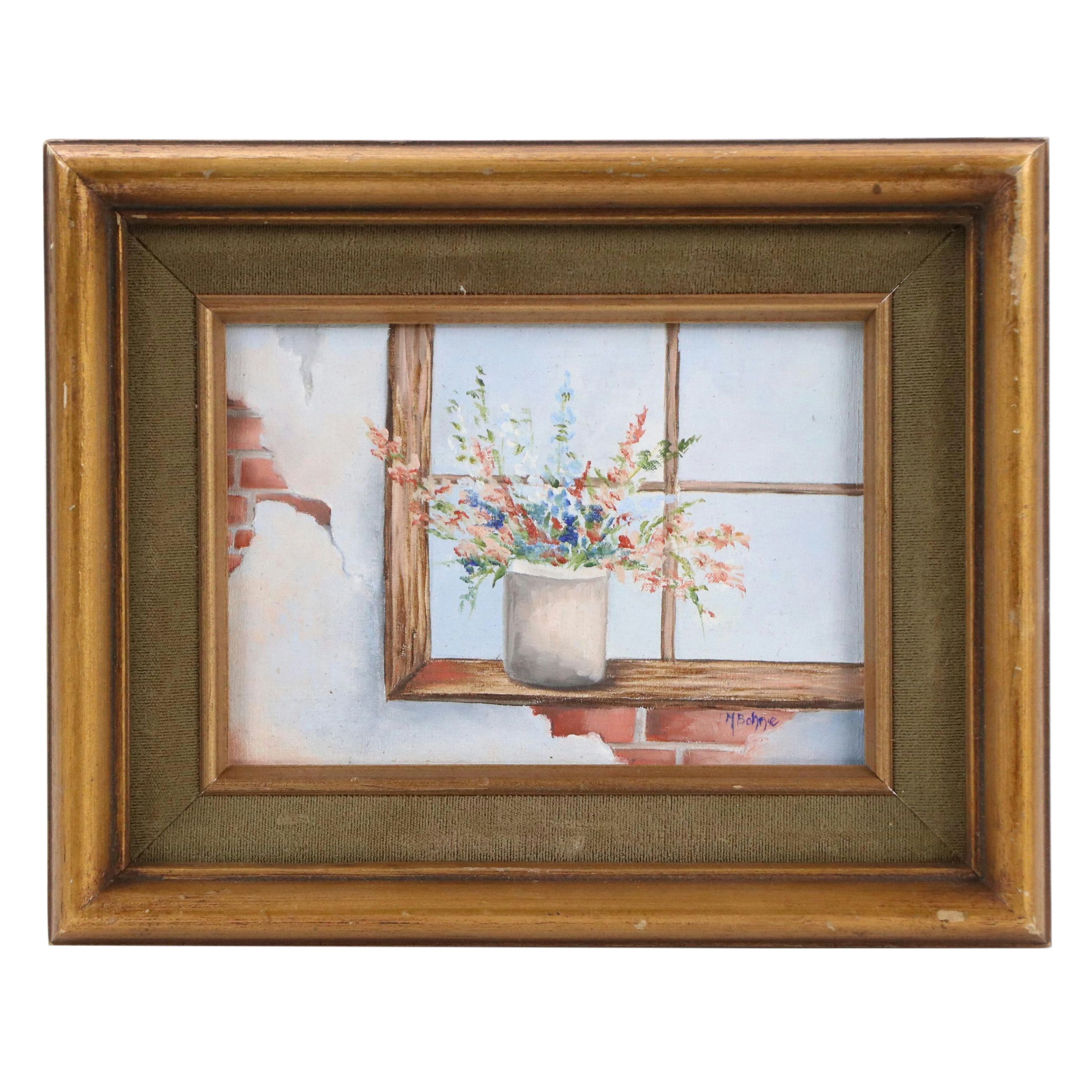 M. Bohne Oil Painting of Flowers on Windowsill "Simple Pleasures"
