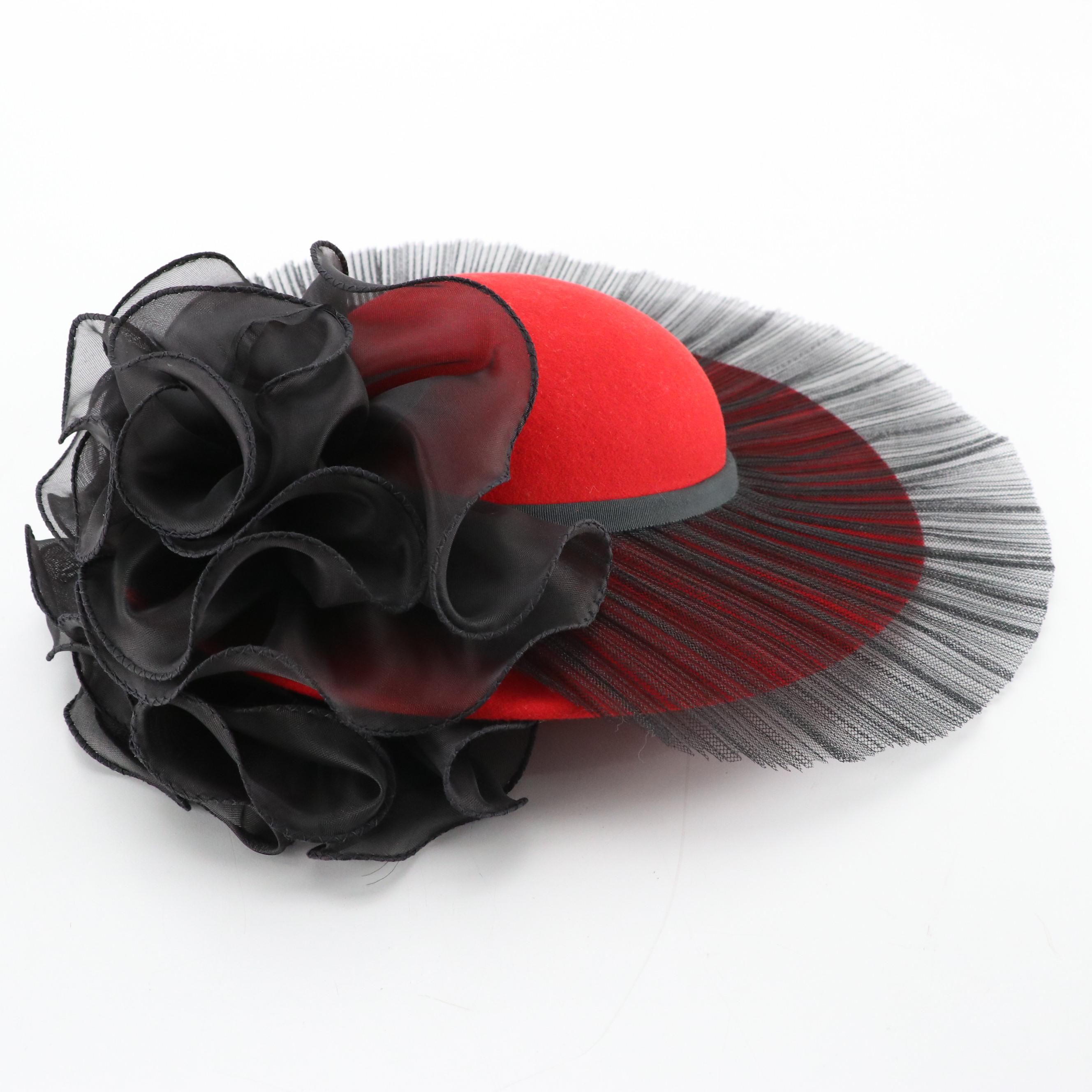 Sonni San Francisco Vintage Red Felt Hat with Pleated Fanning and Ruffled Detail