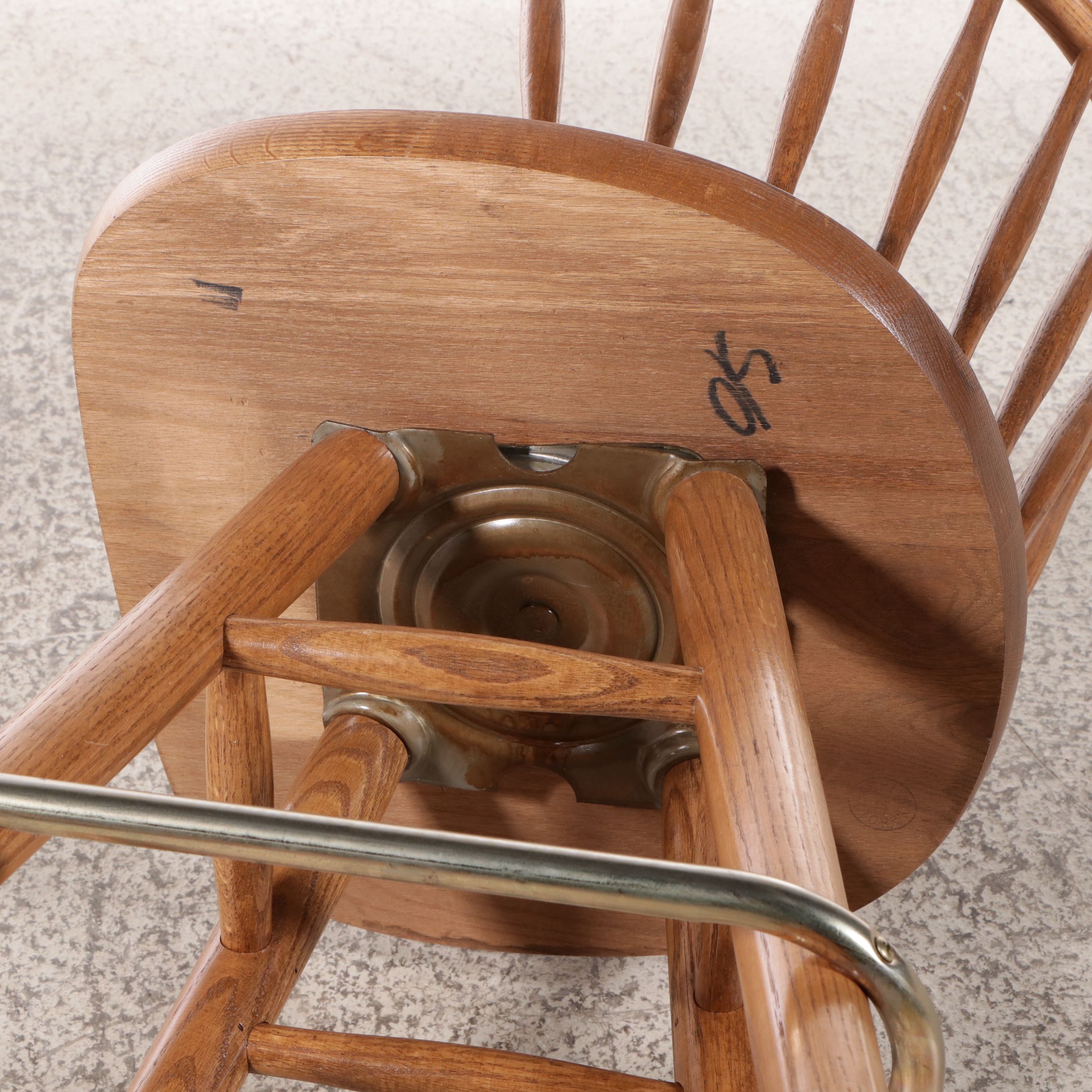 Set of Three Mid Century Modern Style Oak Spindle and Barrel-Back Stools