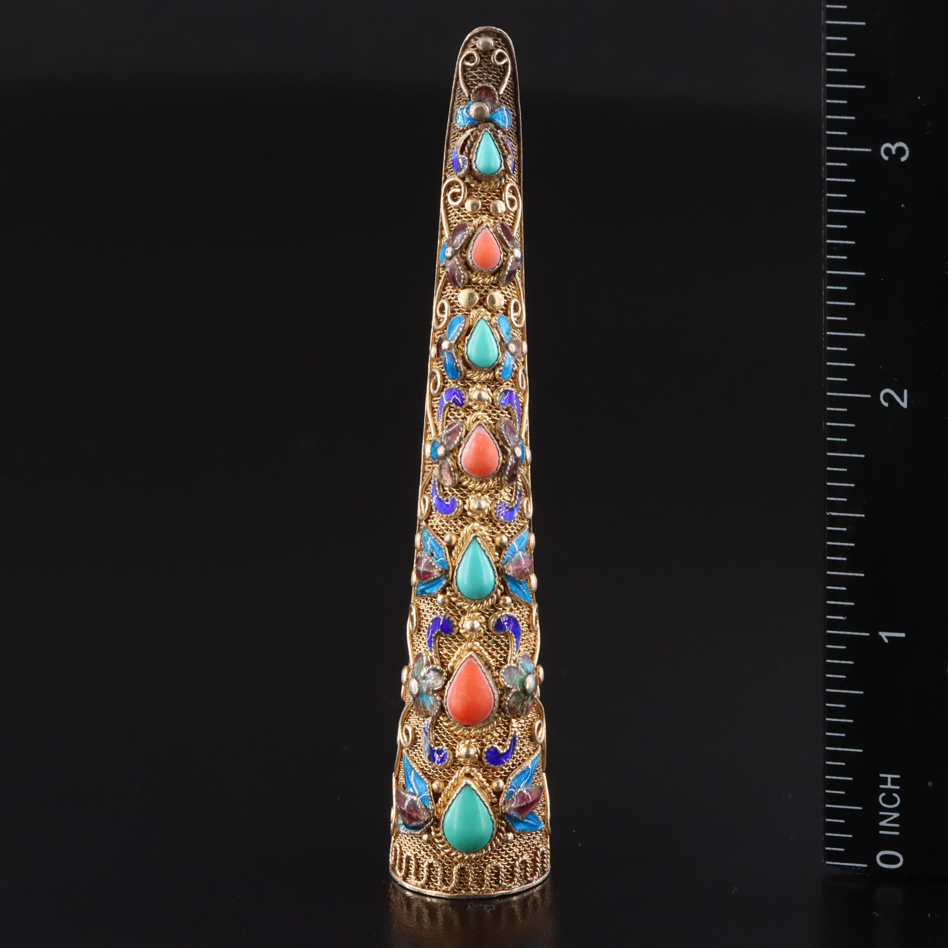 Chinese Sterling Turquoise, Coral and Cloisonné Nail Guard Brooch