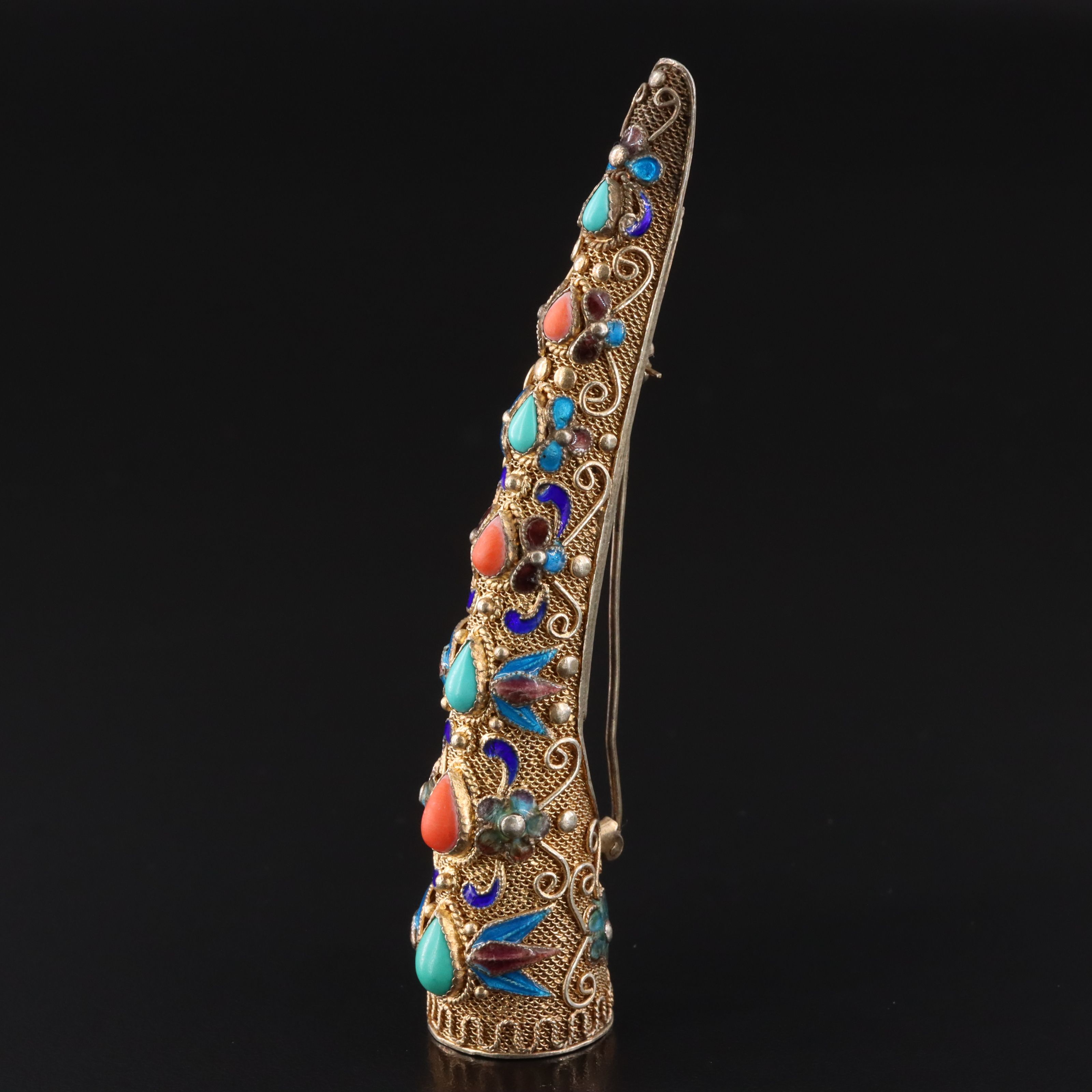 Chinese Sterling Turquoise, Coral and Cloisonné Nail Guard Brooch