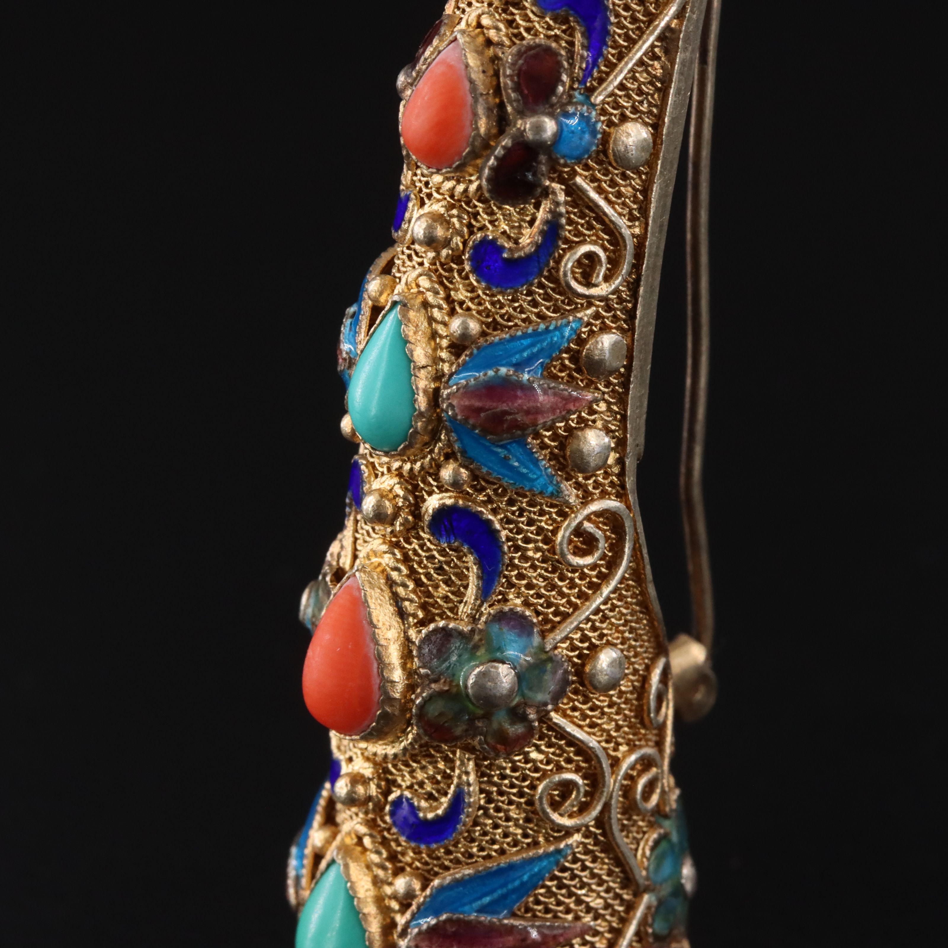 Chinese Sterling Turquoise, Coral and Cloisonné Nail Guard Brooch