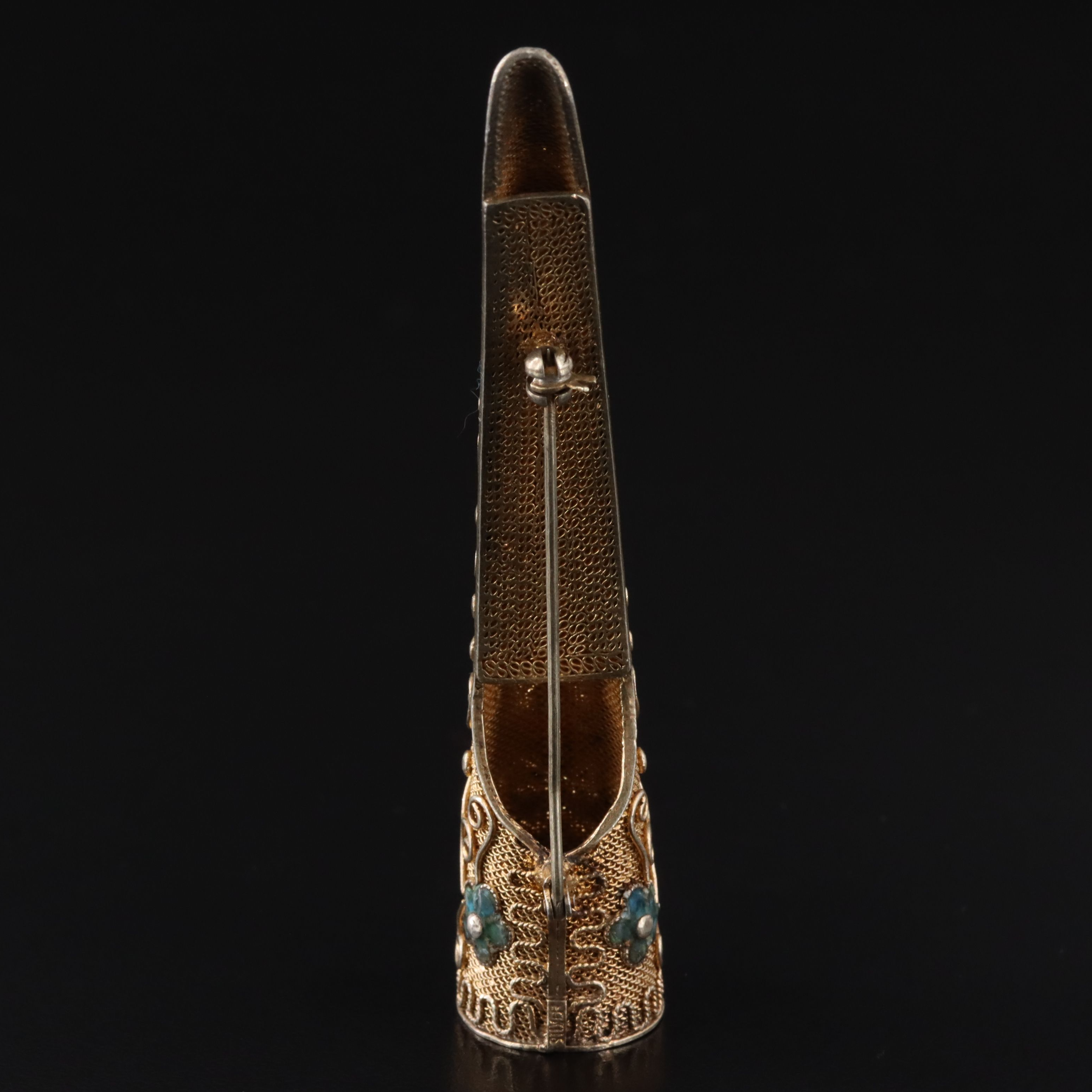 Chinese Sterling Turquoise, Coral and Cloisonné Nail Guard Brooch