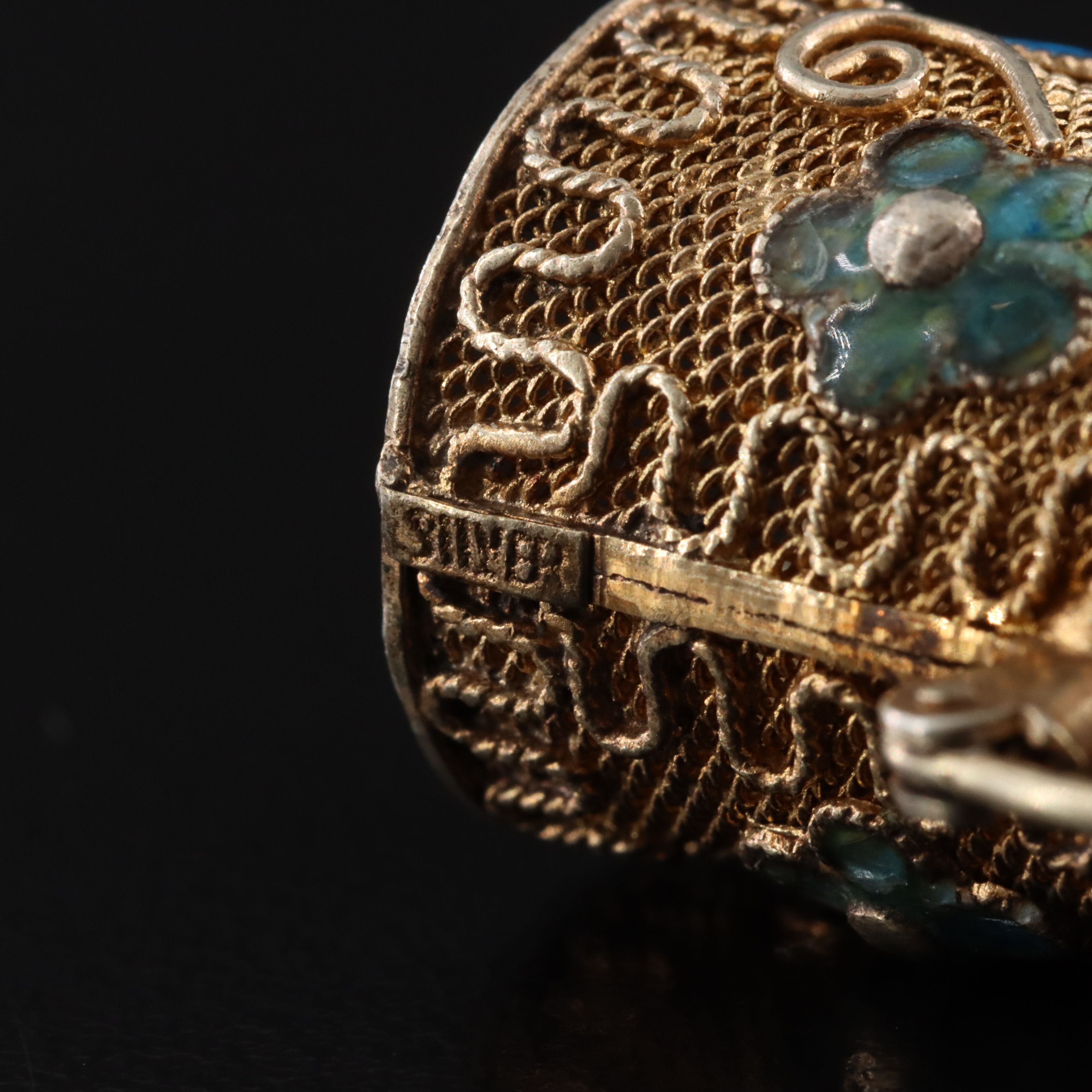 Chinese Sterling Turquoise, Coral and Cloisonné Nail Guard Brooch