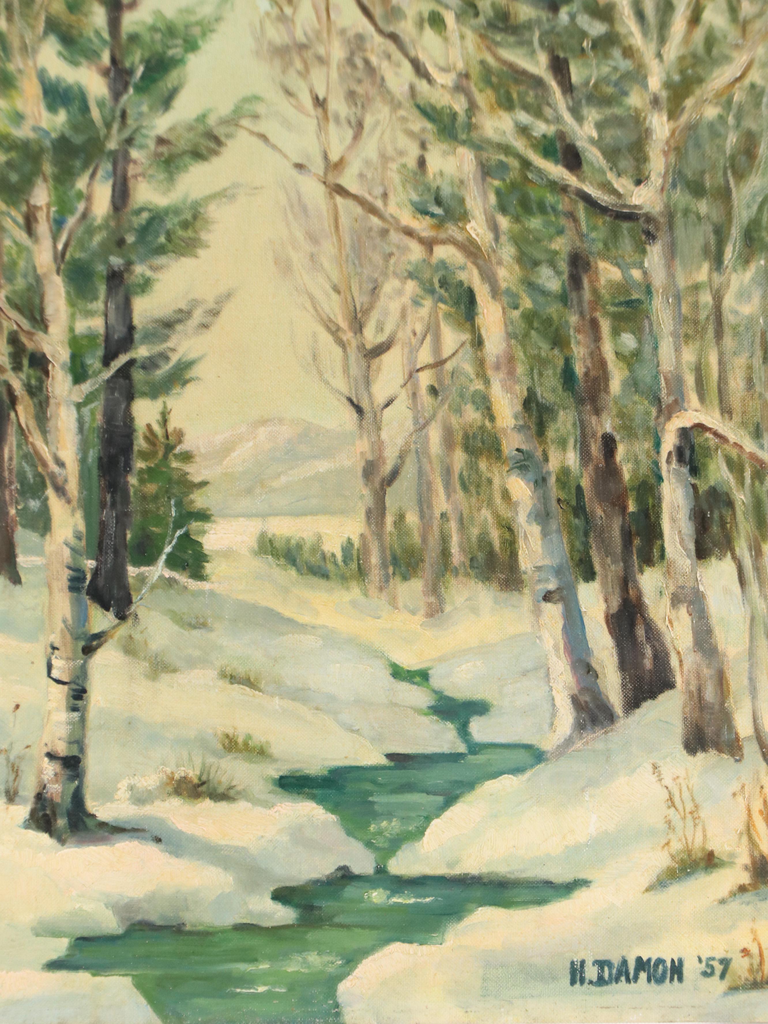 H. Damon Oil Painting of Winter Woodland Landscape, 1957