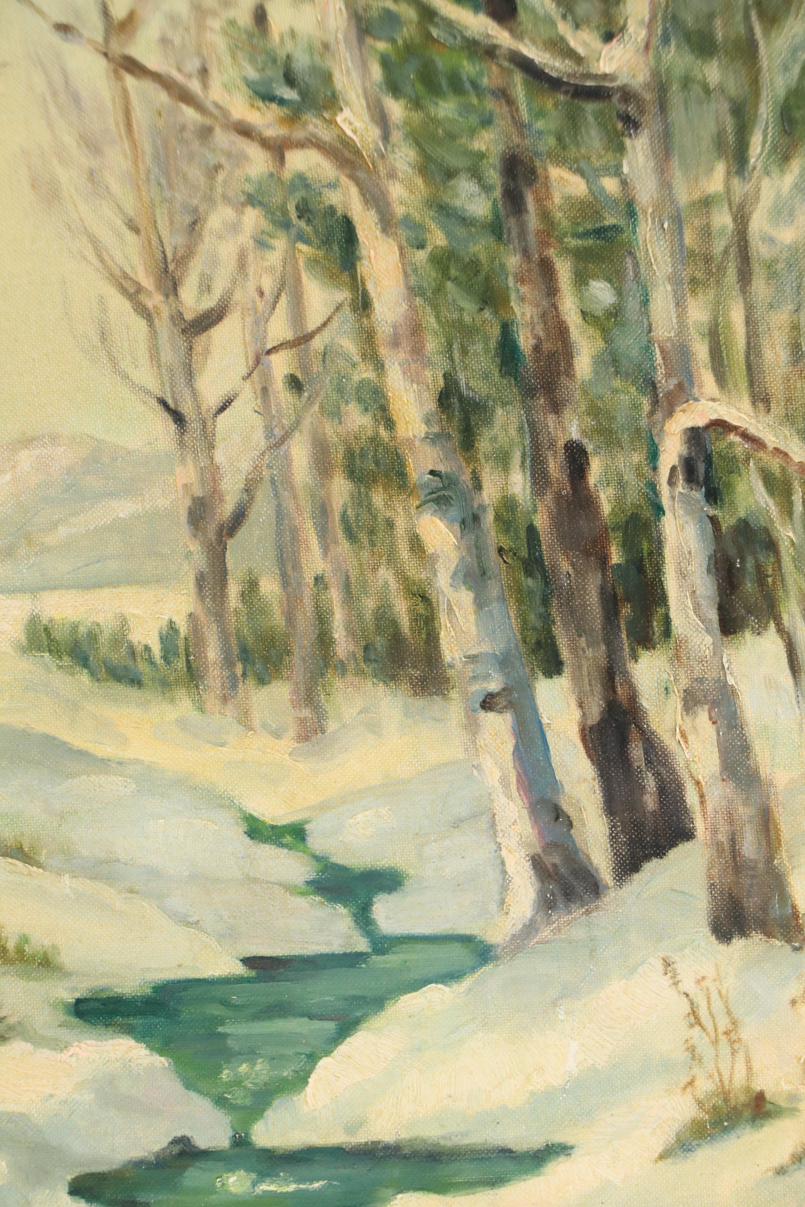 H. Damon Oil Painting of Winter Woodland Landscape, 1957