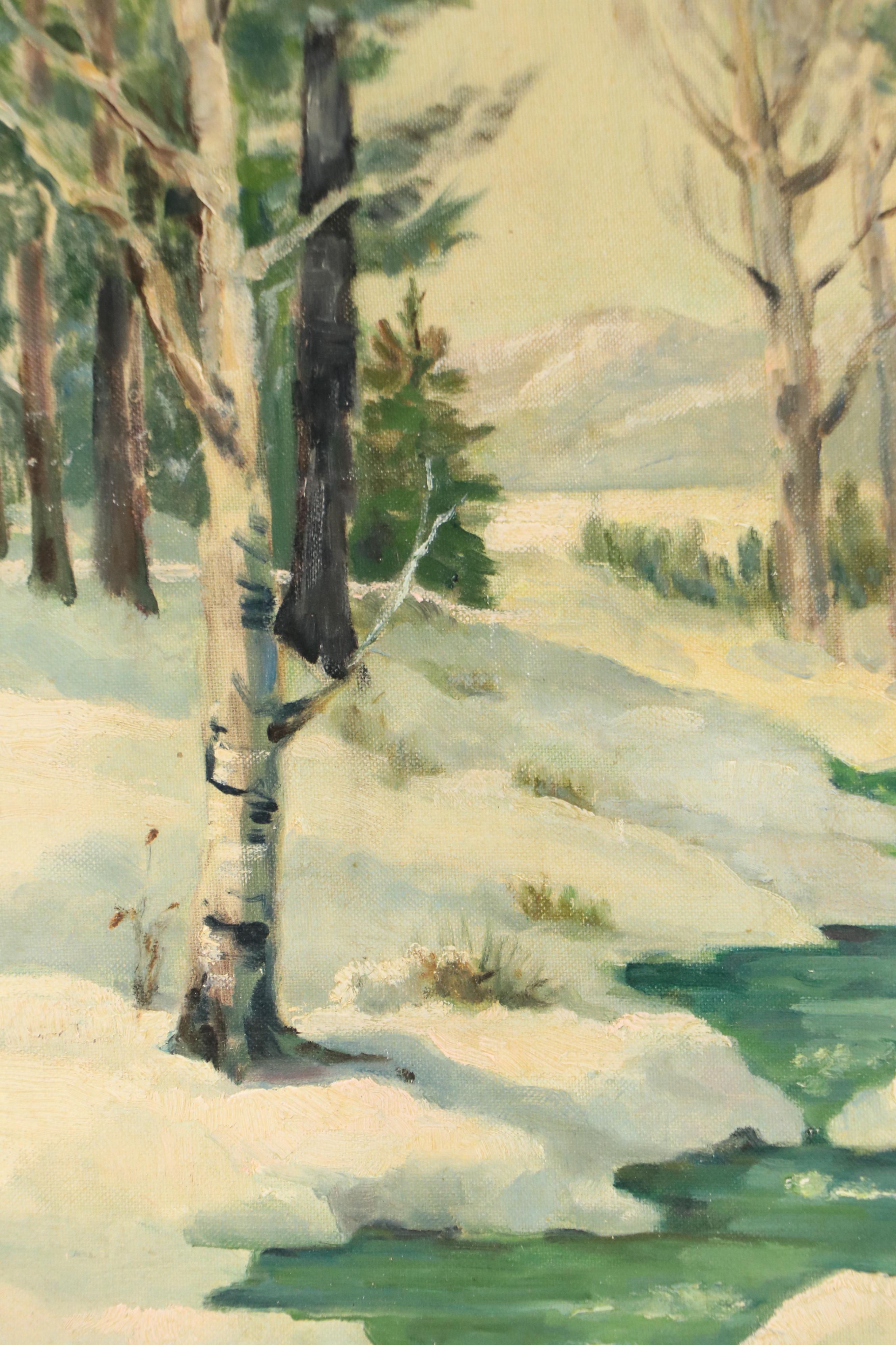 H. Damon Oil Painting of Winter Woodland Landscape, 1957