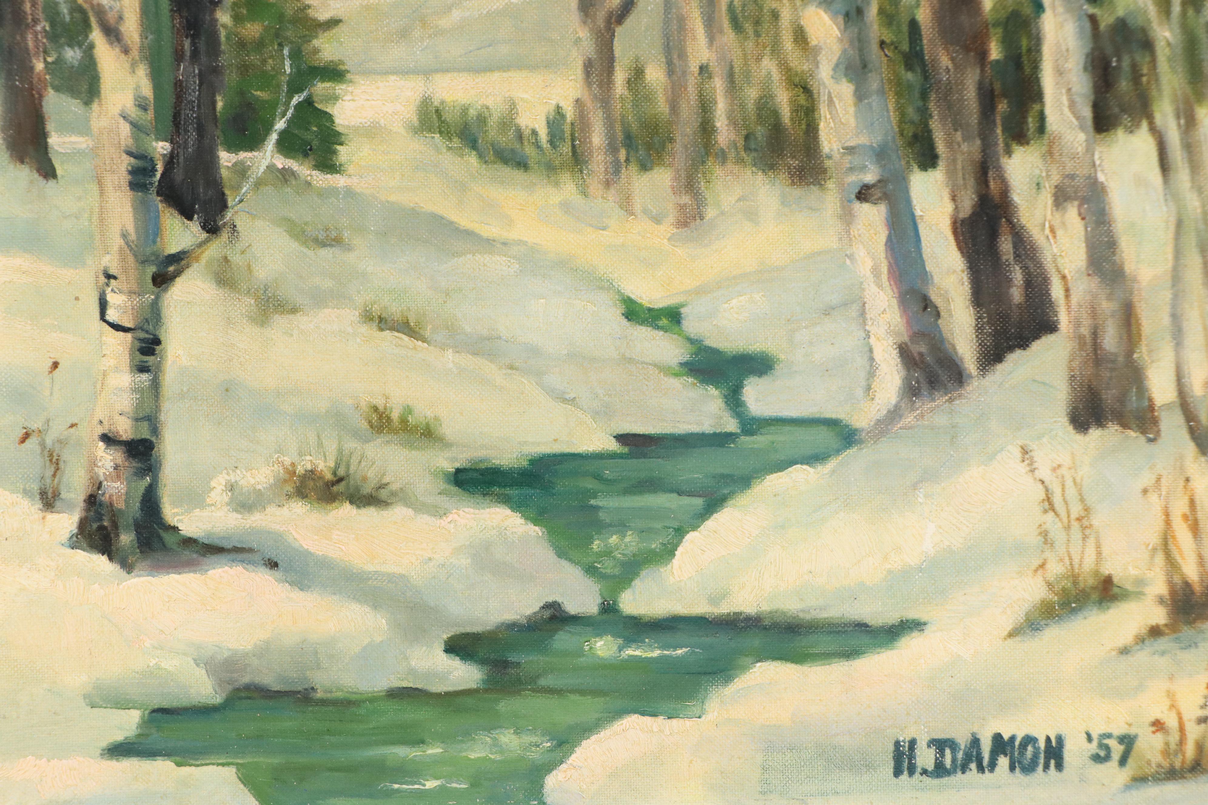 H. Damon Oil Painting of Winter Woodland Landscape, 1957