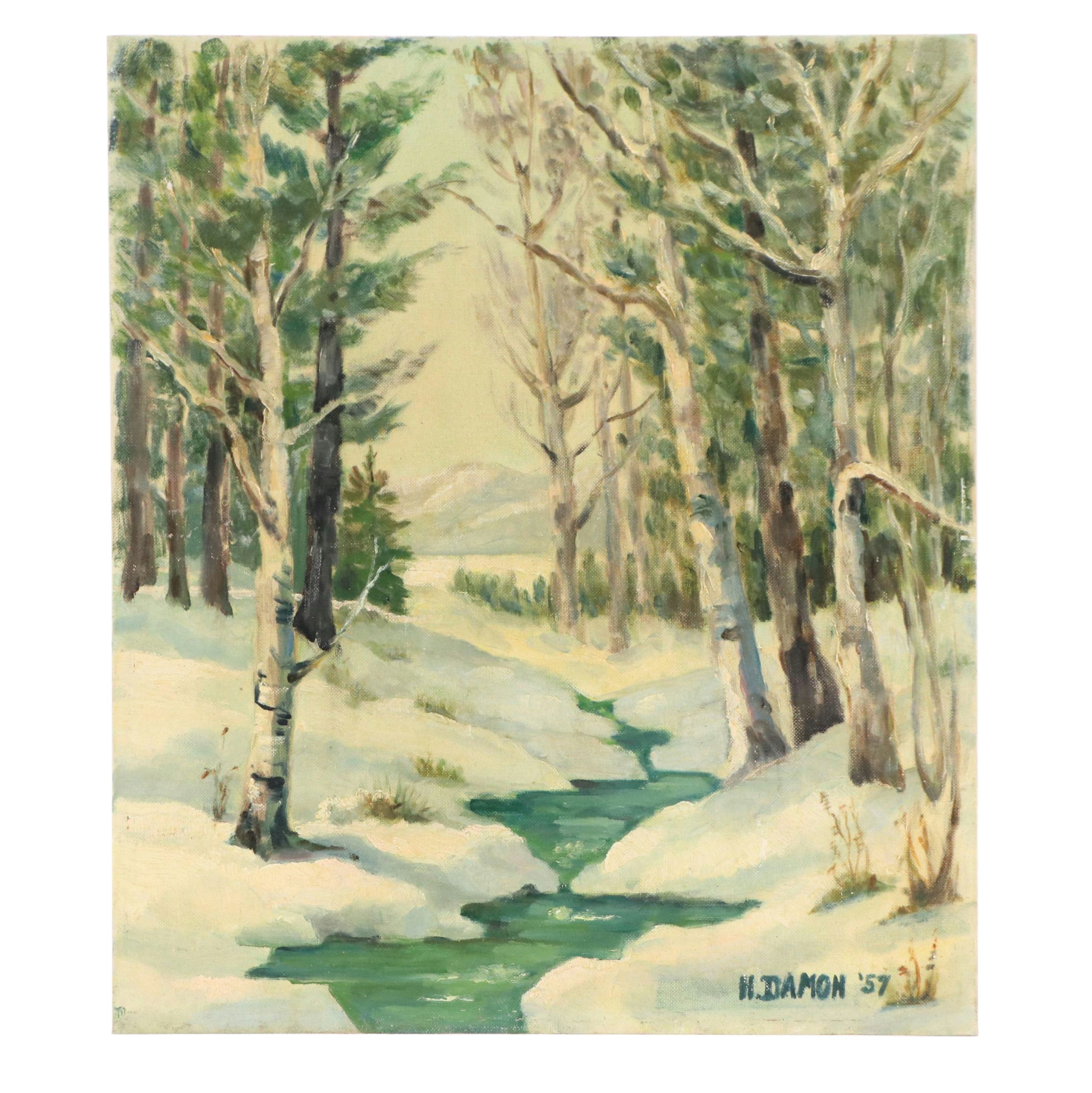 H. Damon Oil Painting of Winter Woodland Landscape, 1957
