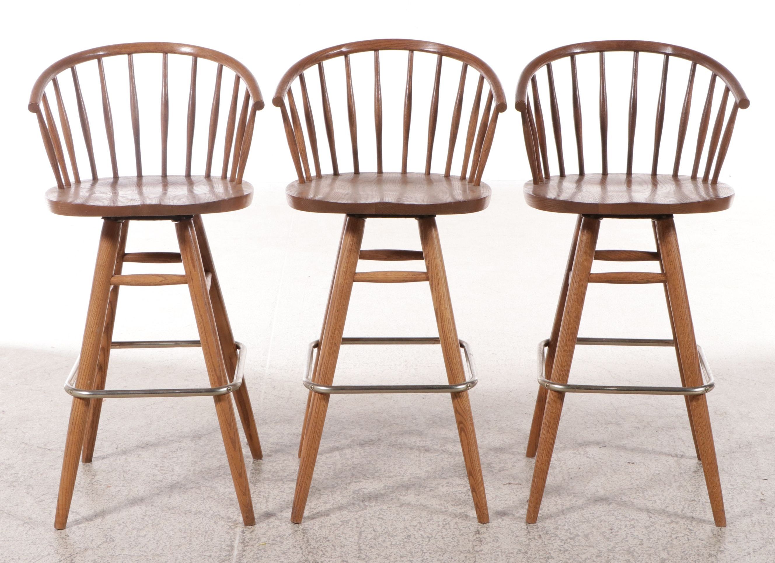 Set of Three Mid Century Modern Style Oak Spindle and Barrel-Back Stools