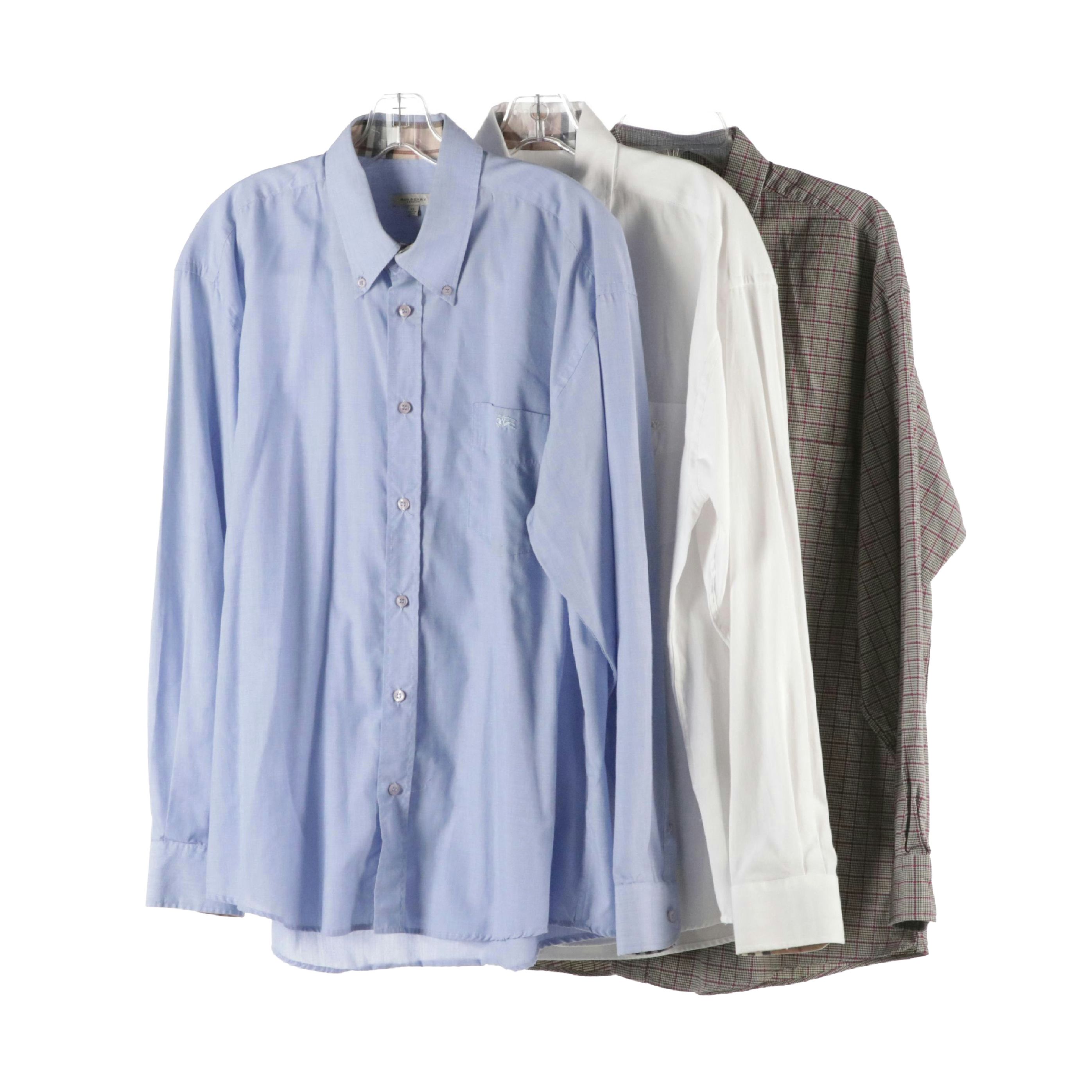 Men's Burberry Long Sleeve Button-Up Shirts in White, Blue and Check Cotton
