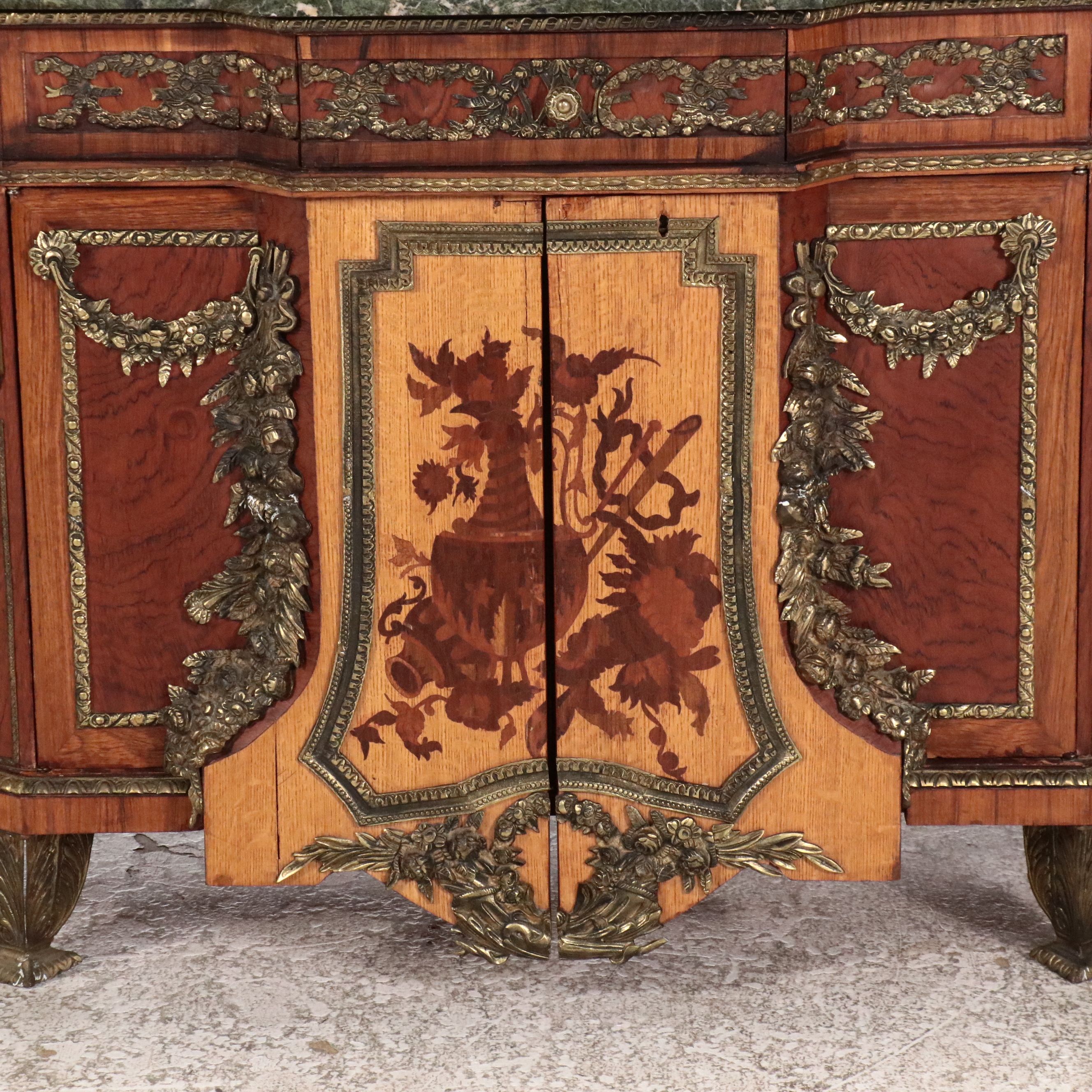 Louis XVI Style Bronze Mounted Marquetry Marble Top Buffet After Riesener
