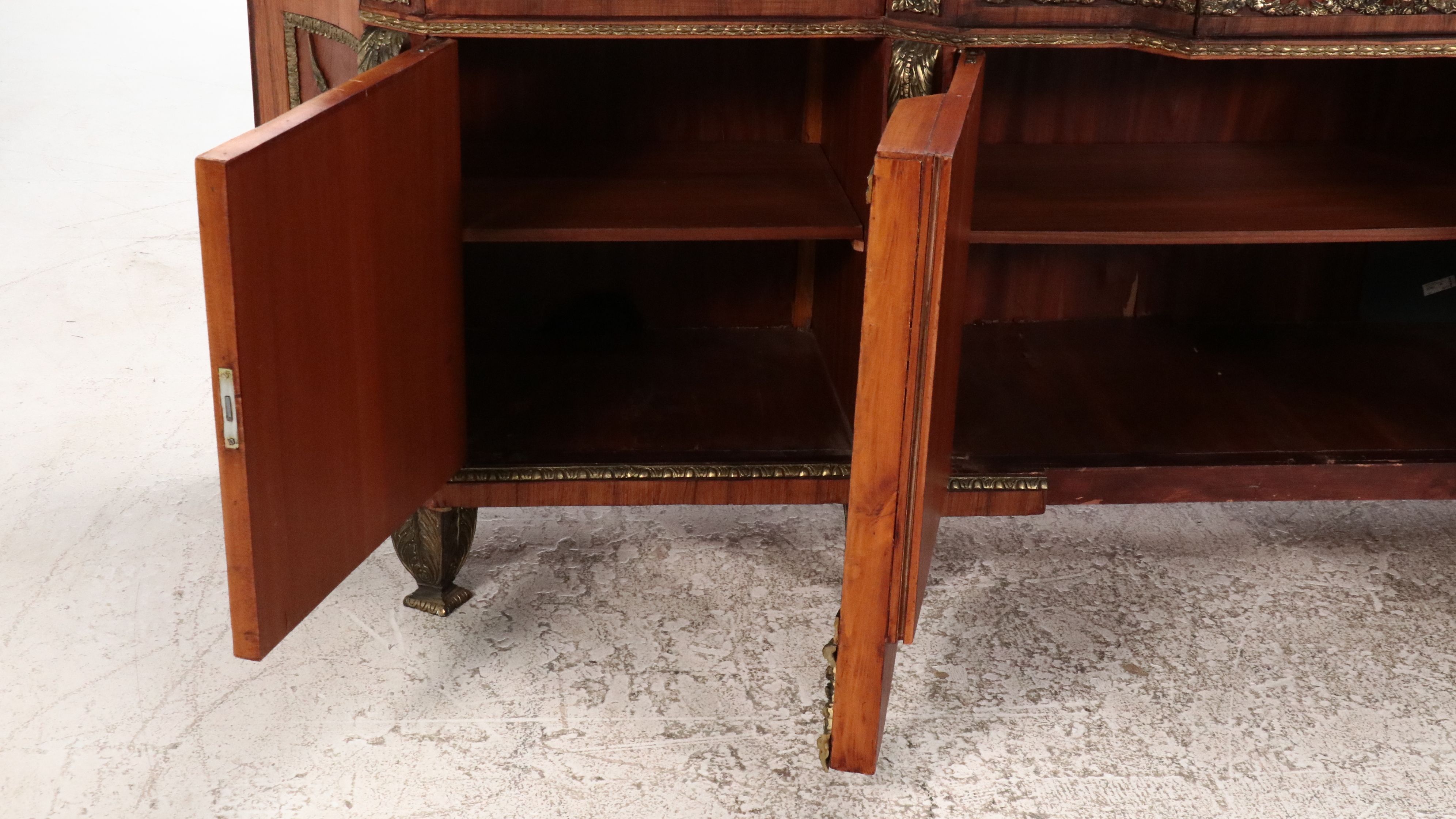 Louis XVI Style Bronze Mounted Marquetry Marble Top Buffet After Riesener