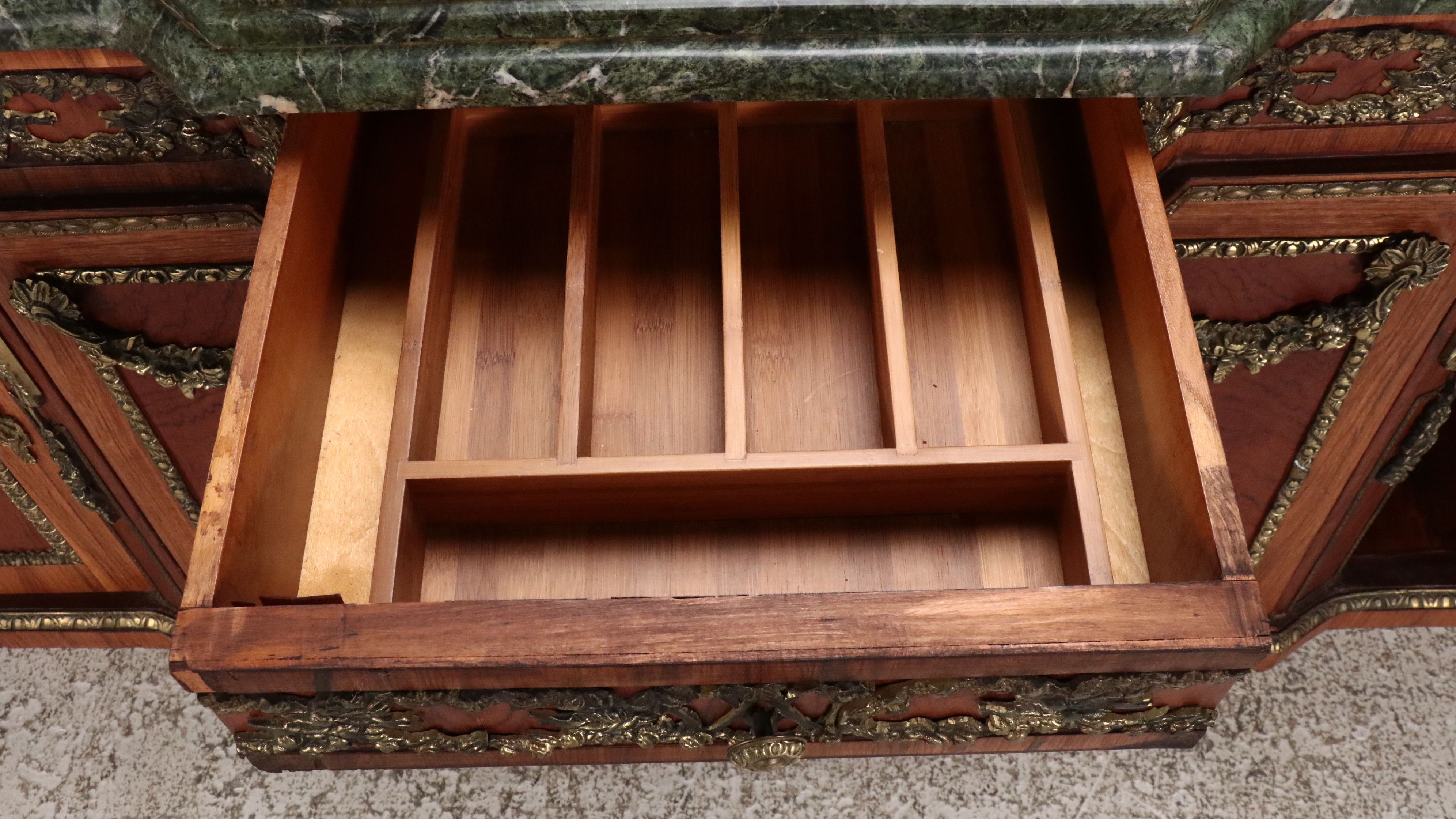 Louis XVI Style Bronze Mounted Marquetry Marble Top Buffet After Riesener