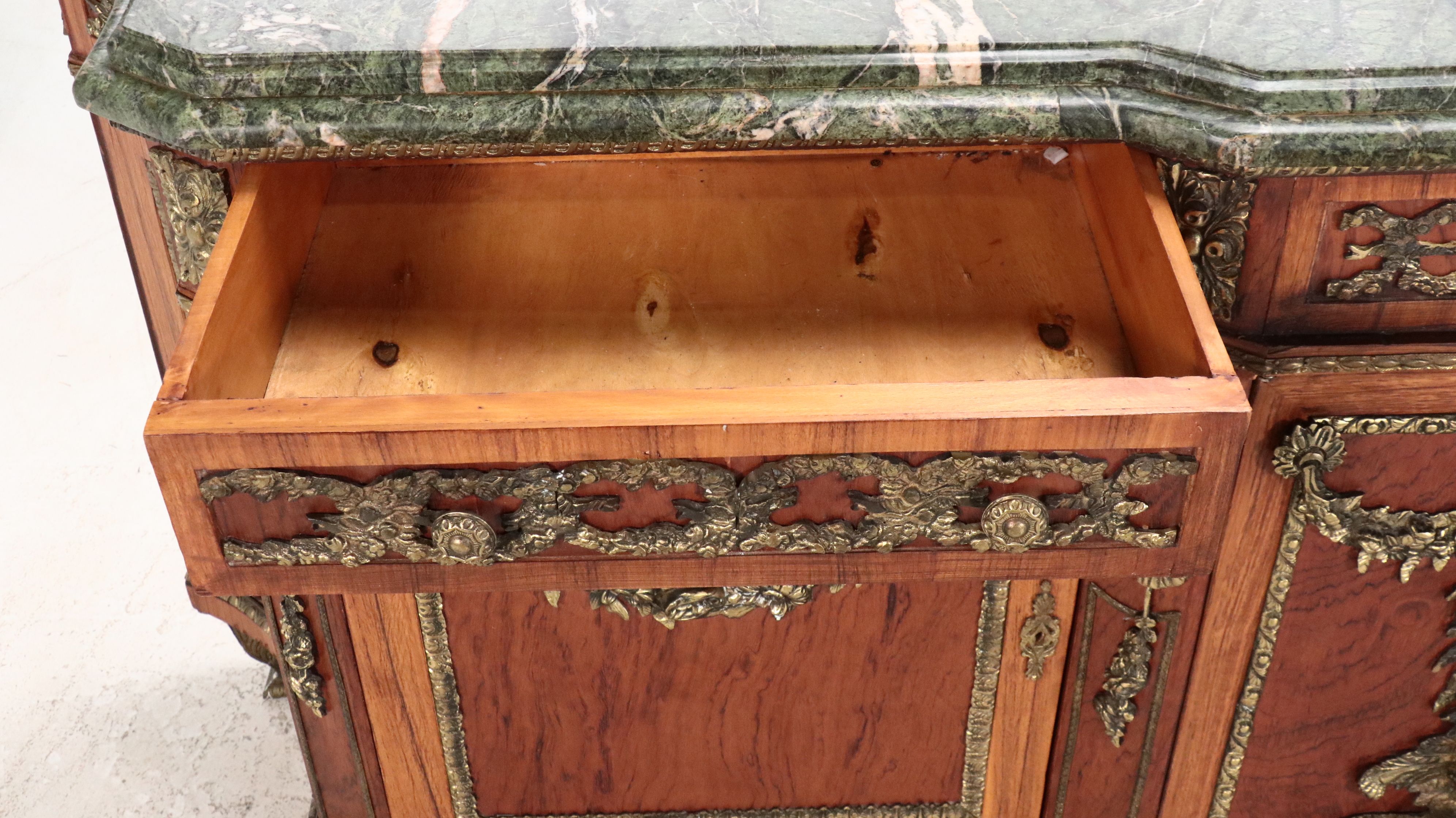 Louis XVI Style Bronze Mounted Marquetry Marble Top Buffet After Riesener