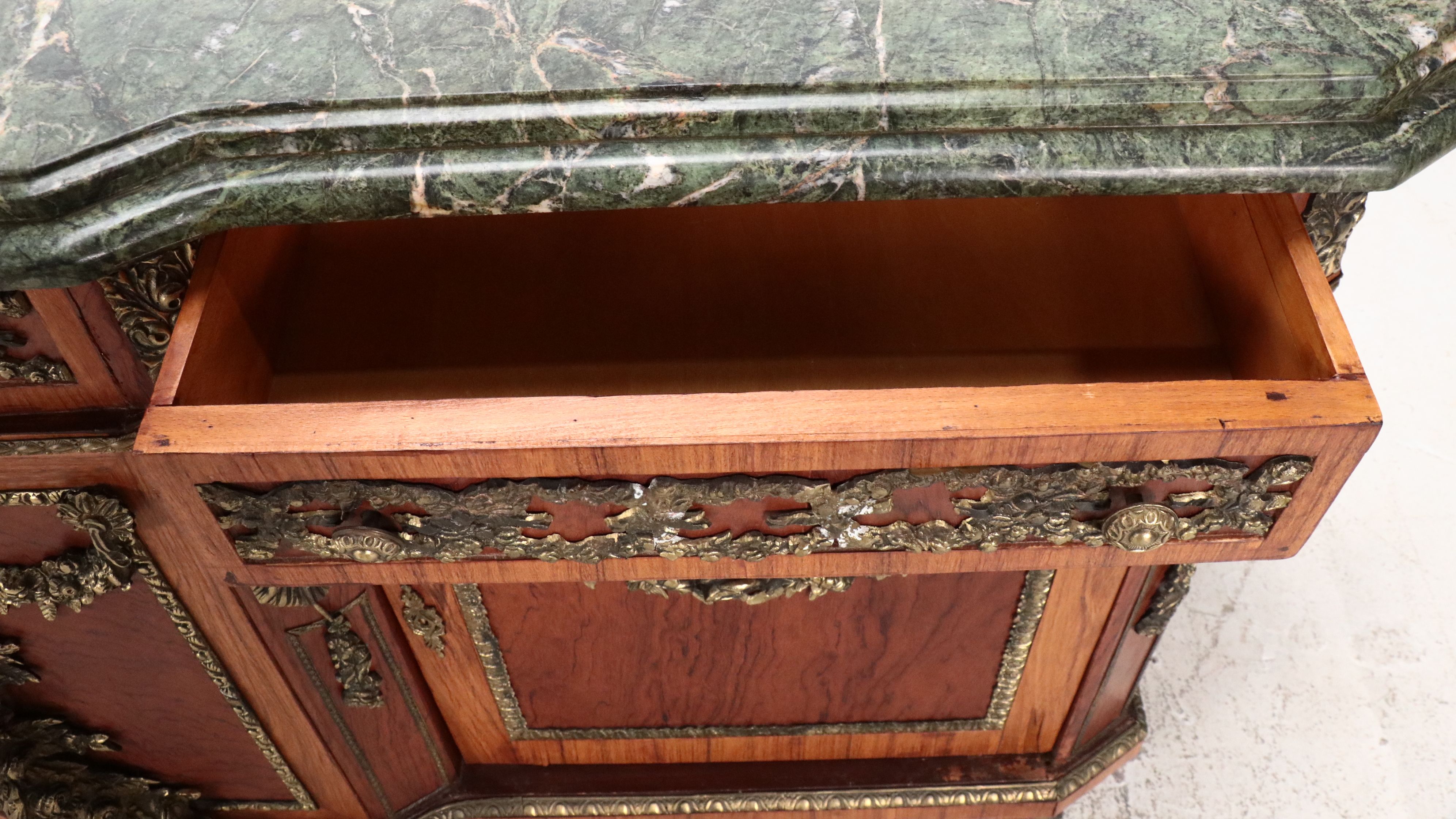 Louis XVI Style Bronze Mounted Marquetry Marble Top Buffet After Riesener