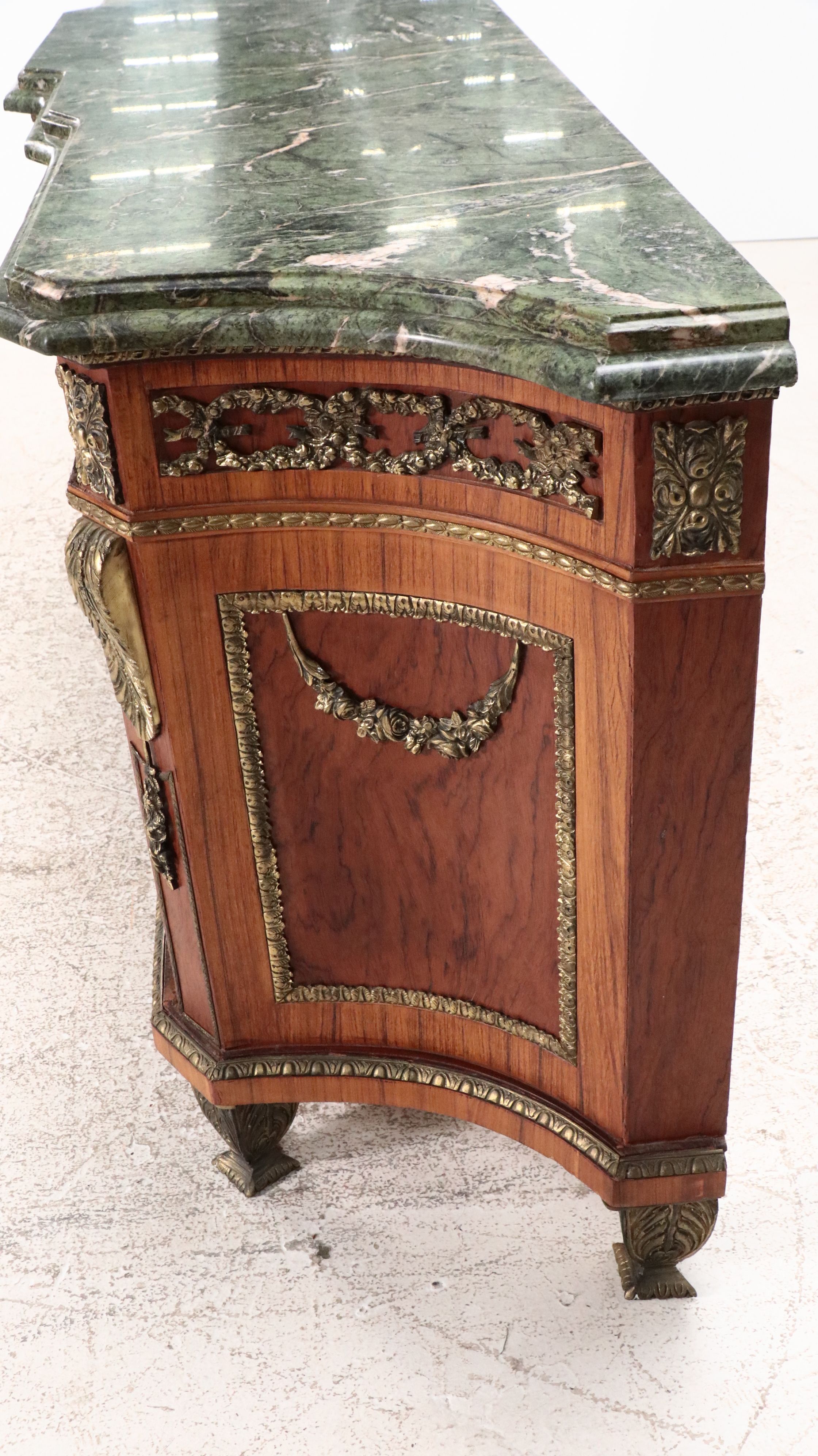 Louis XVI Style Bronze Mounted Marquetry Marble Top Buffet After Riesener