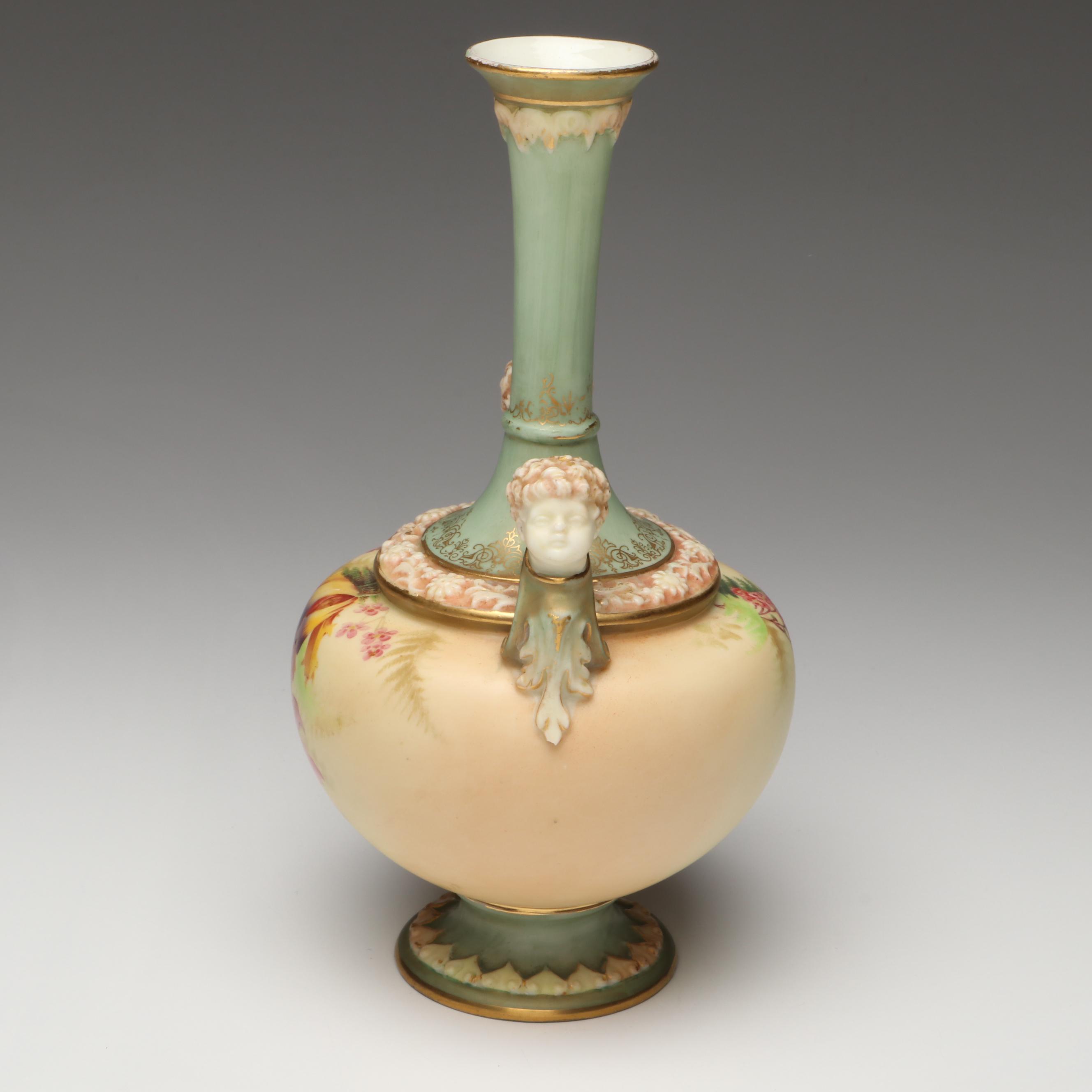 Royal Worcester Blush Ivory Porcelain Bud Vase with Cupid Head Handles