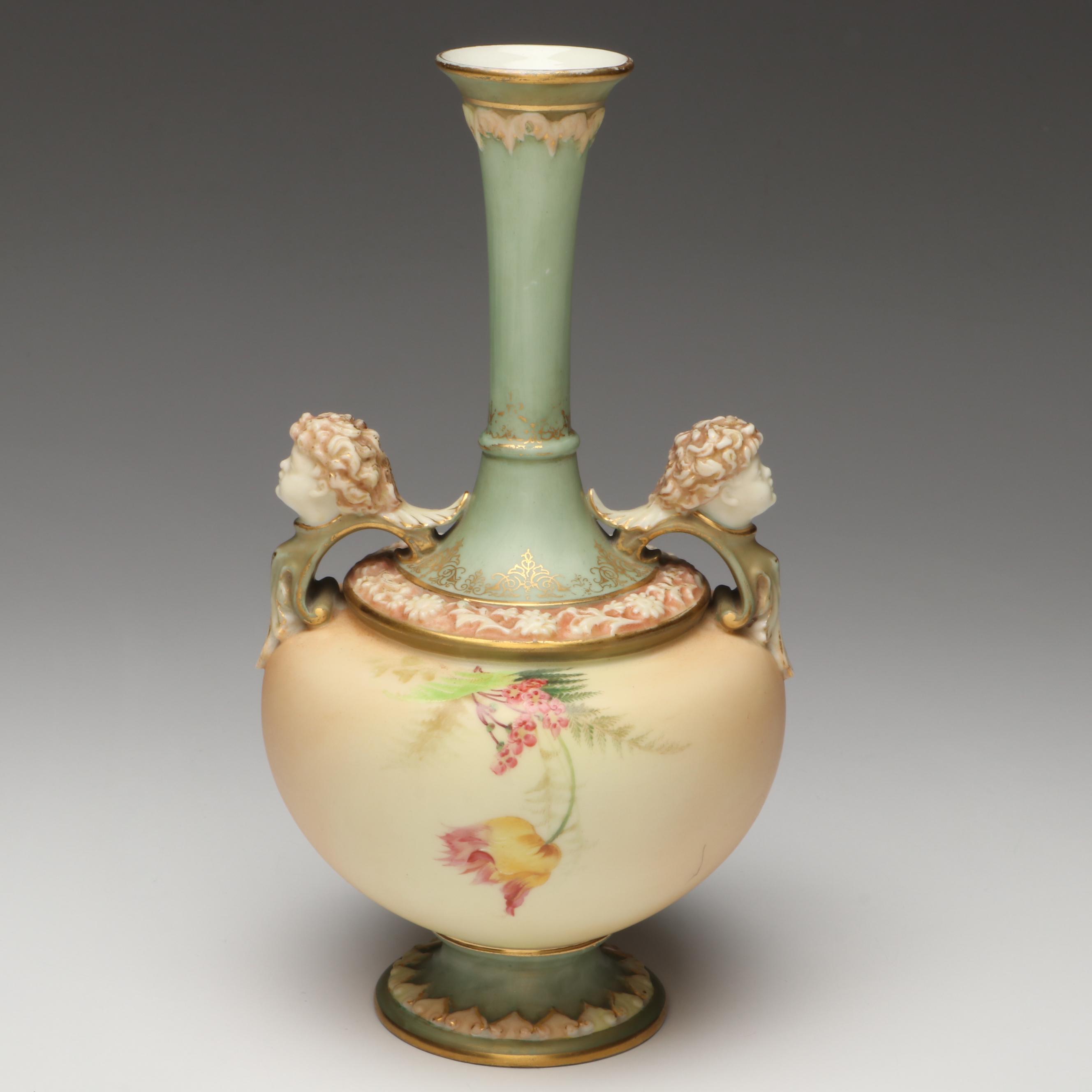 Royal Worcester Blush Ivory Porcelain Bud Vase with Cupid Head Handles