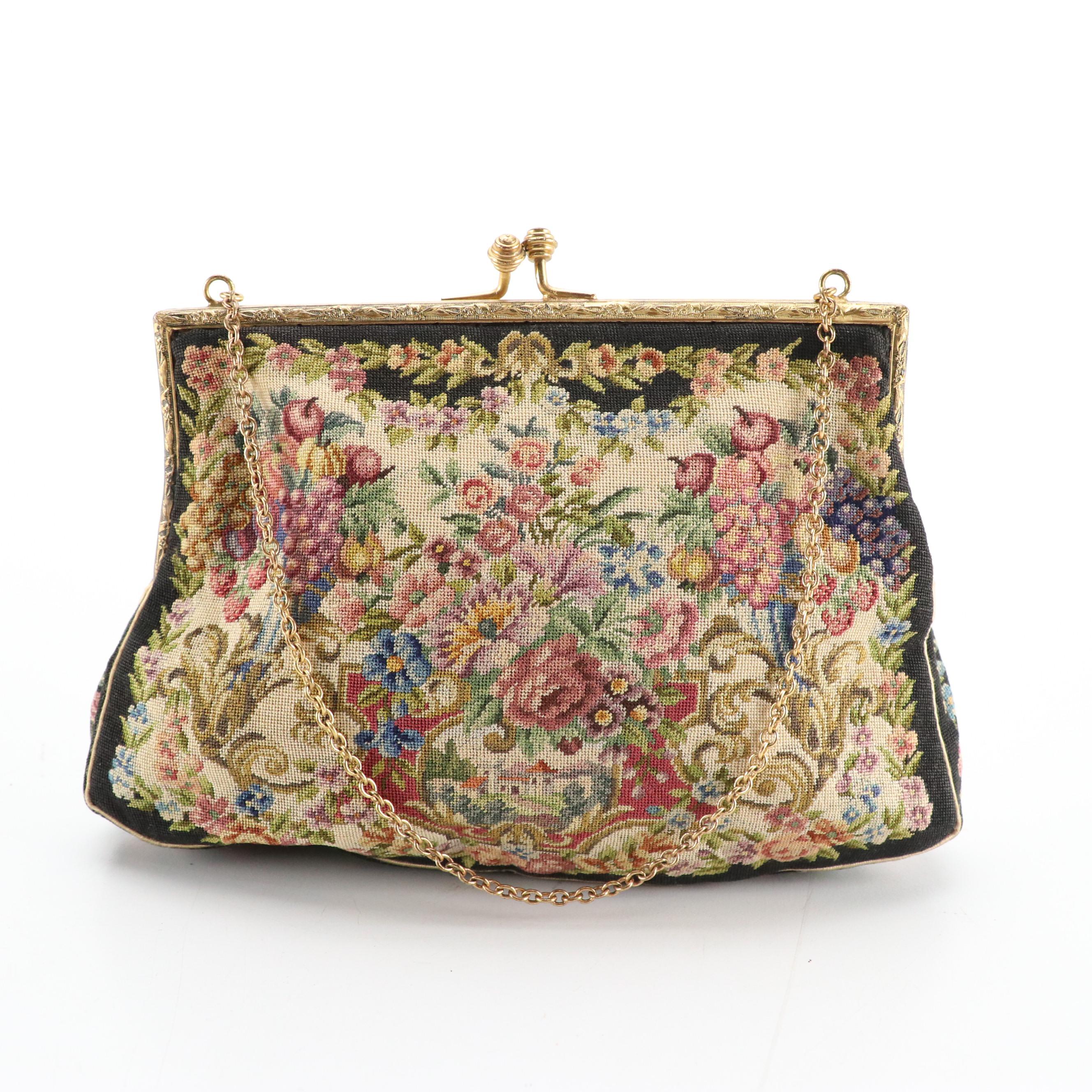 Japanese Saga-Nishiki Brocade Bag with Other Petit Point, Beaded, Metal Purses
