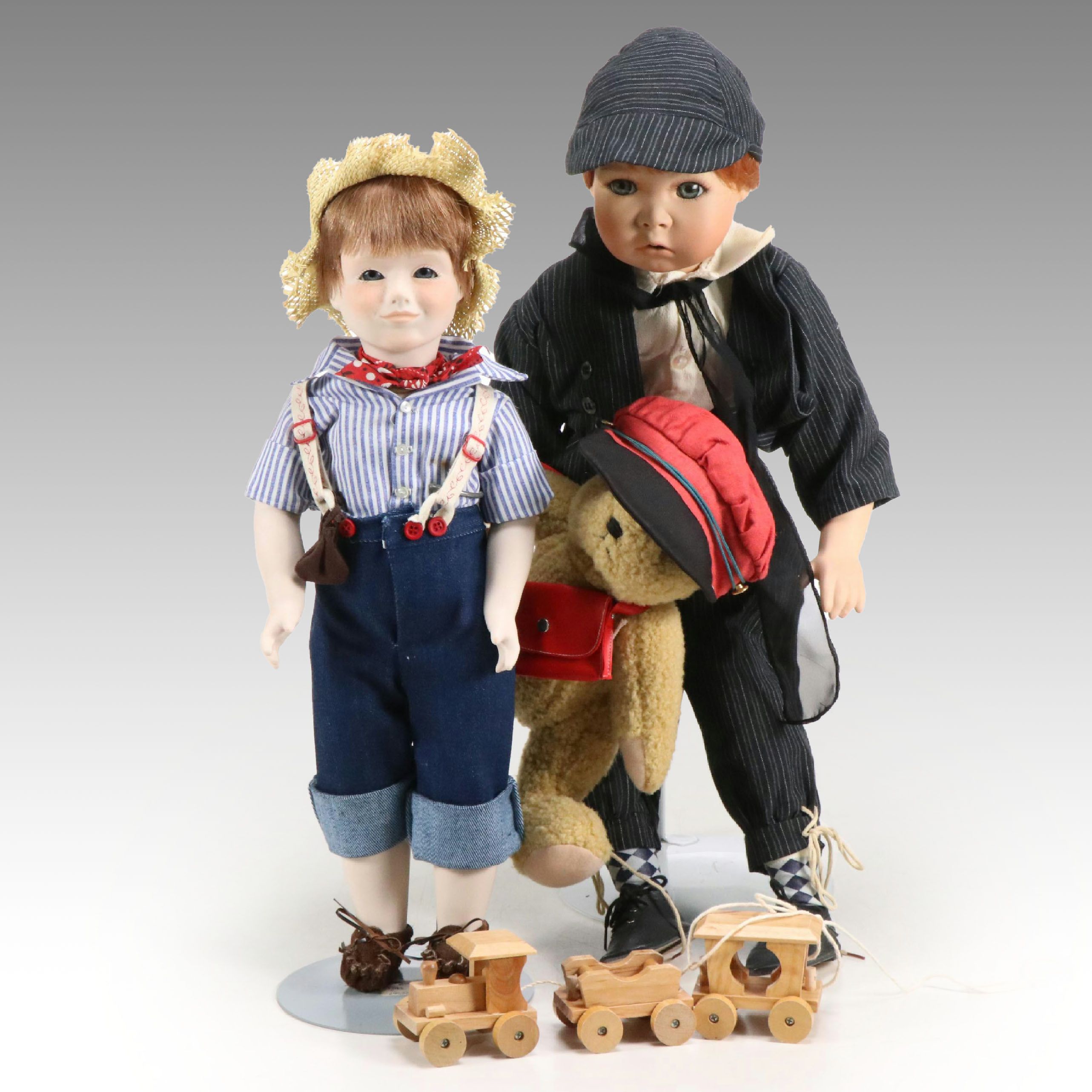 Dolls by Jerri Huckleberry Finn and German Boy with Teddy Bear Porcelain Dolls