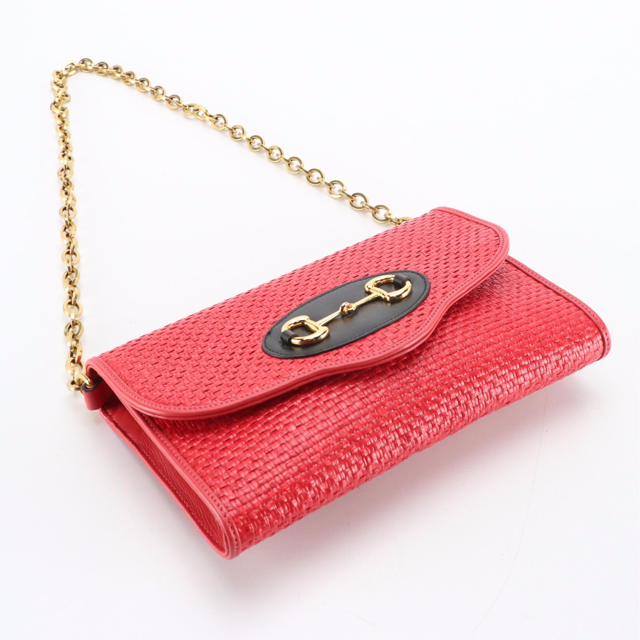 Gucci Horsebit 1955 Small Chain Bag in Red Woven Raffia and Leather