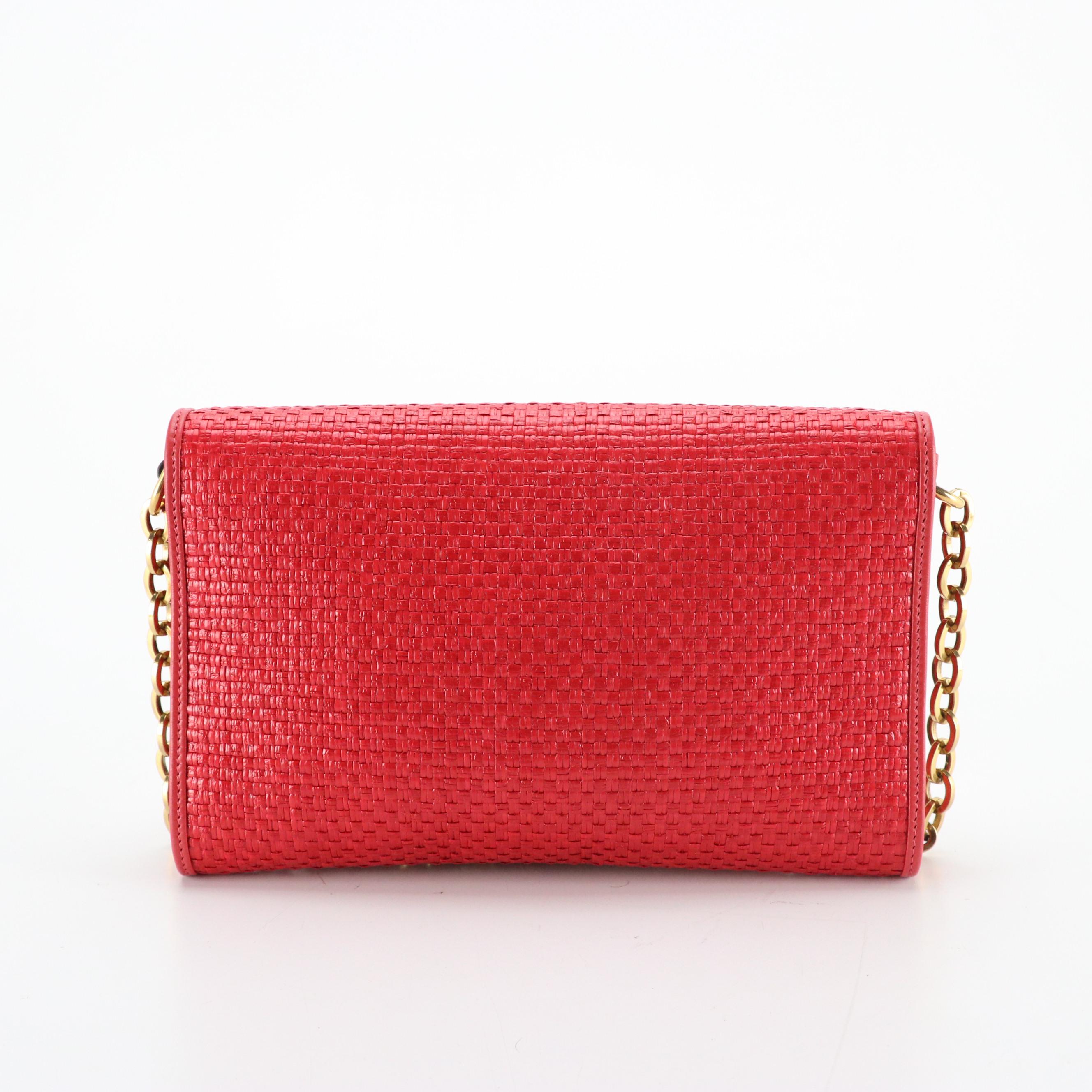 Gucci Horsebit 1955 Small Chain Bag in Red Woven Raffia and Leather