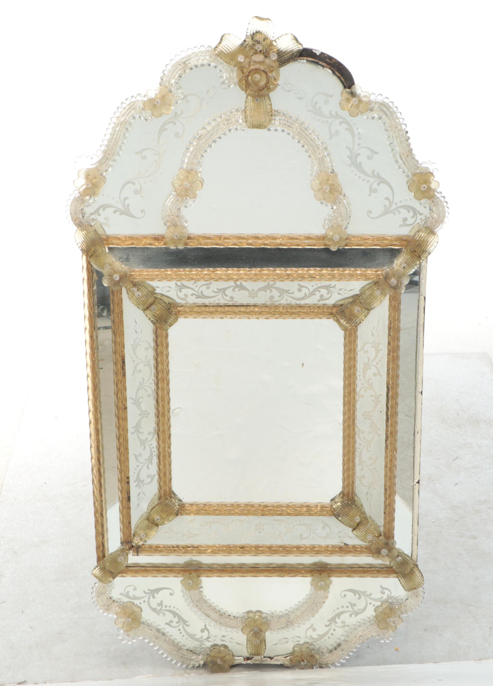 Venetian Etched and Embellished Art Glass Mirror, Mid-20th Century