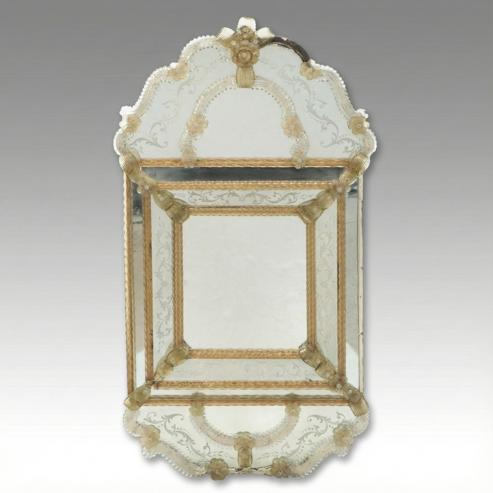 Venetian Etched and Embellished Art Glass Mirror, Mid-20th Century