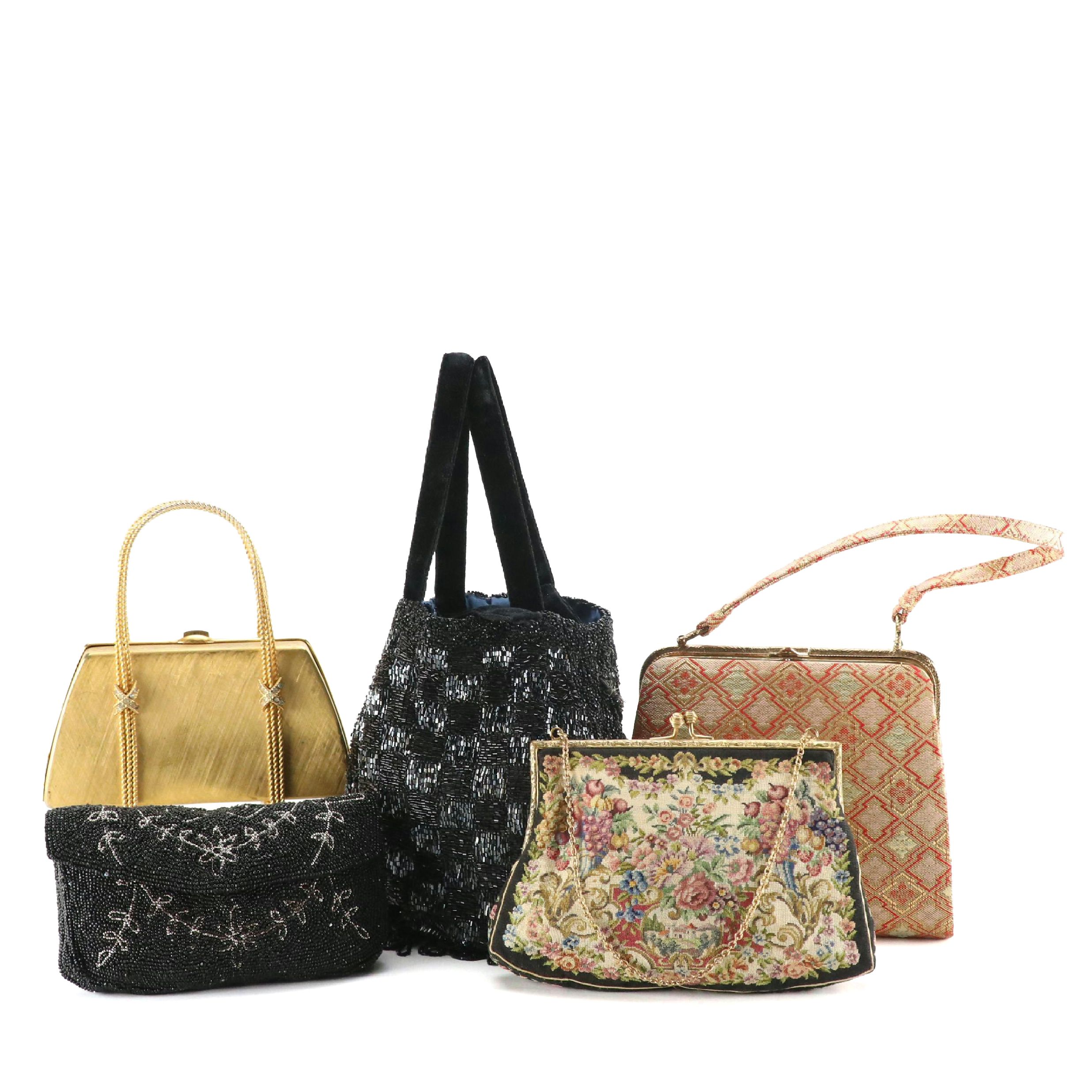 Japanese Saga-Nishiki Brocade Bag with Other Petit Point, Beaded, Metal Purses