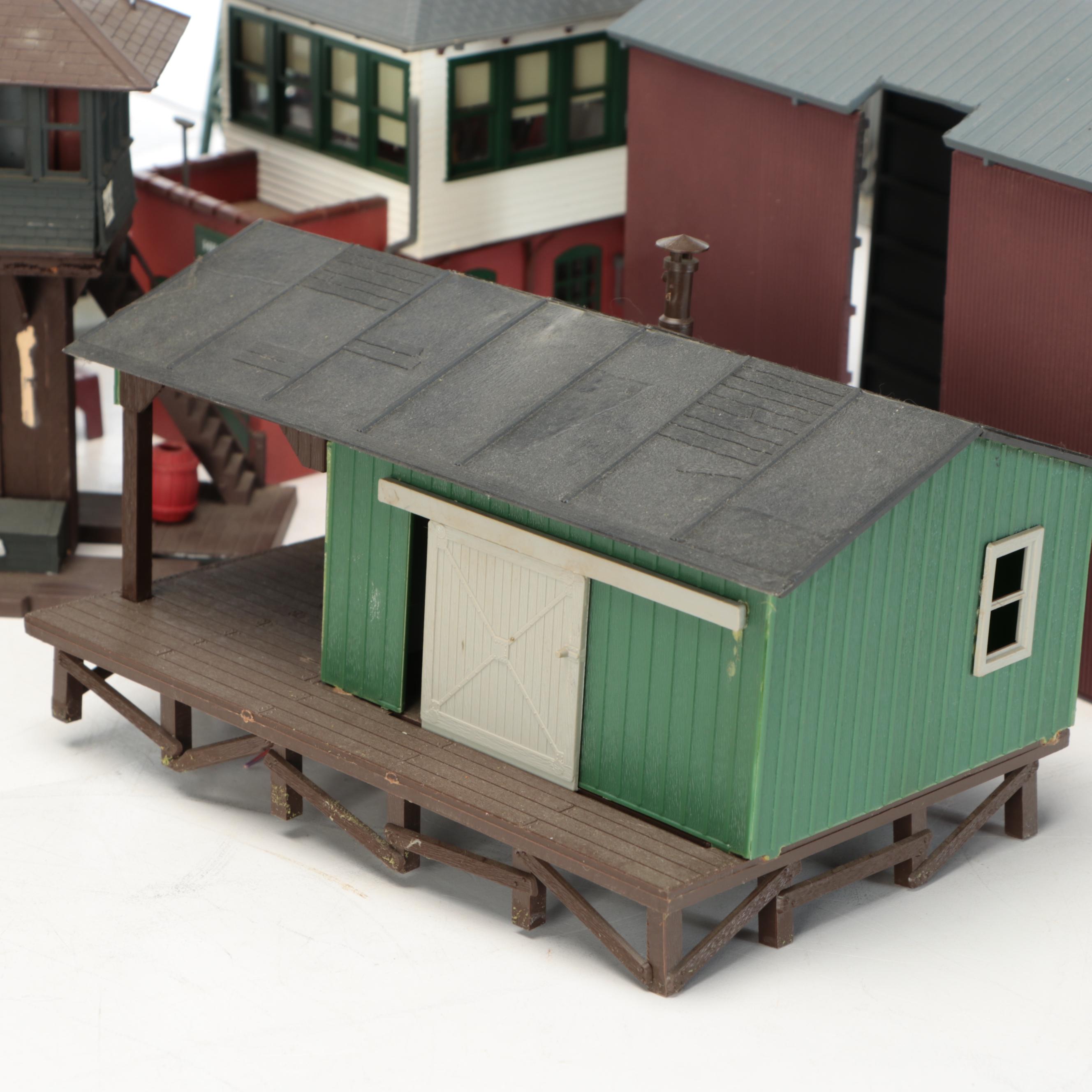 Miniature Railroad Station and Loading Area Features with "Old Trains" Wood Sign