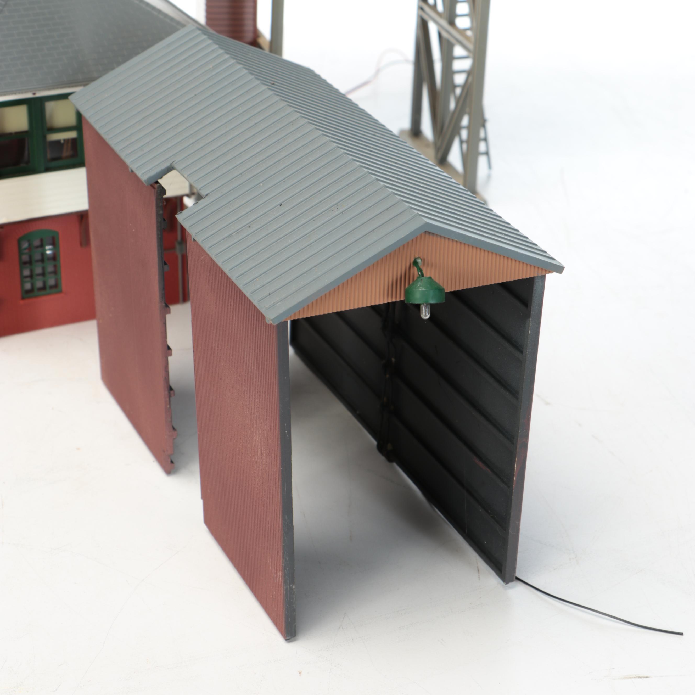 Miniature Railroad Station and Loading Area Features with "Old Trains" Wood Sign