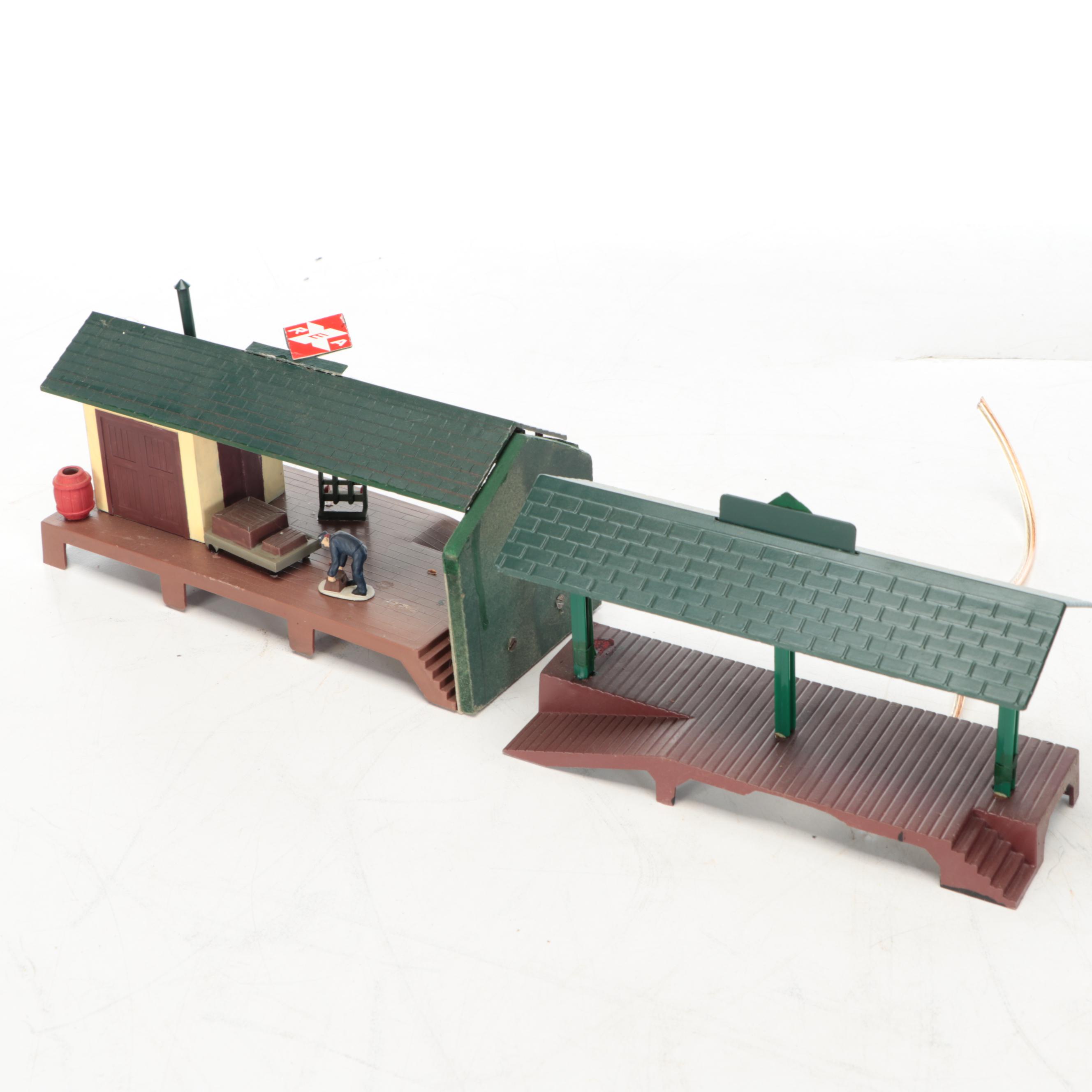 Miniature Railroad Station and Loading Area Features with "Old Trains" Wood Sign
