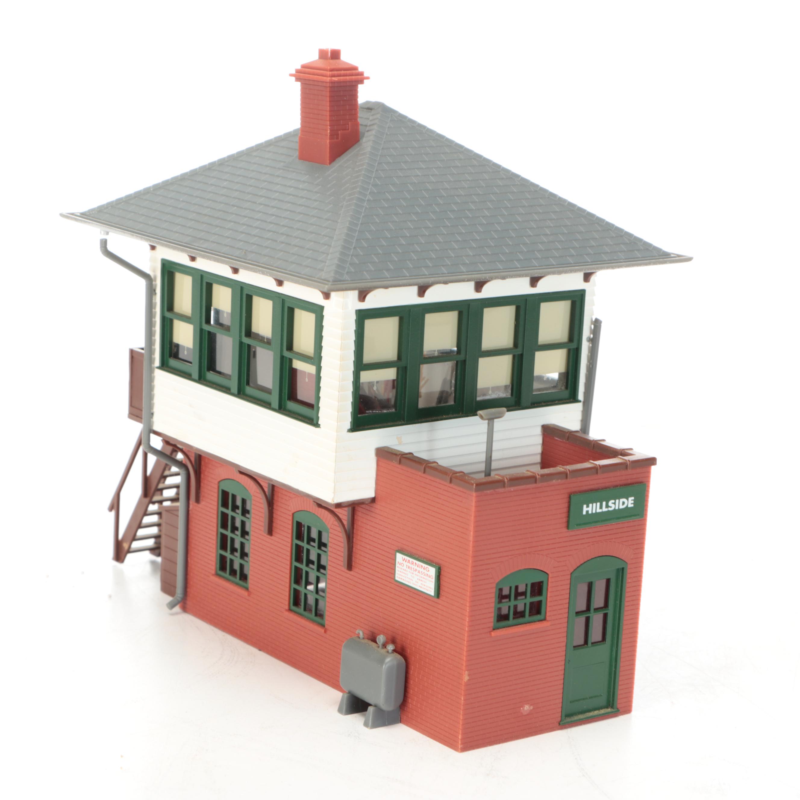 Miniature Railroad Station and Loading Area Features with "Old Trains" Wood Sign