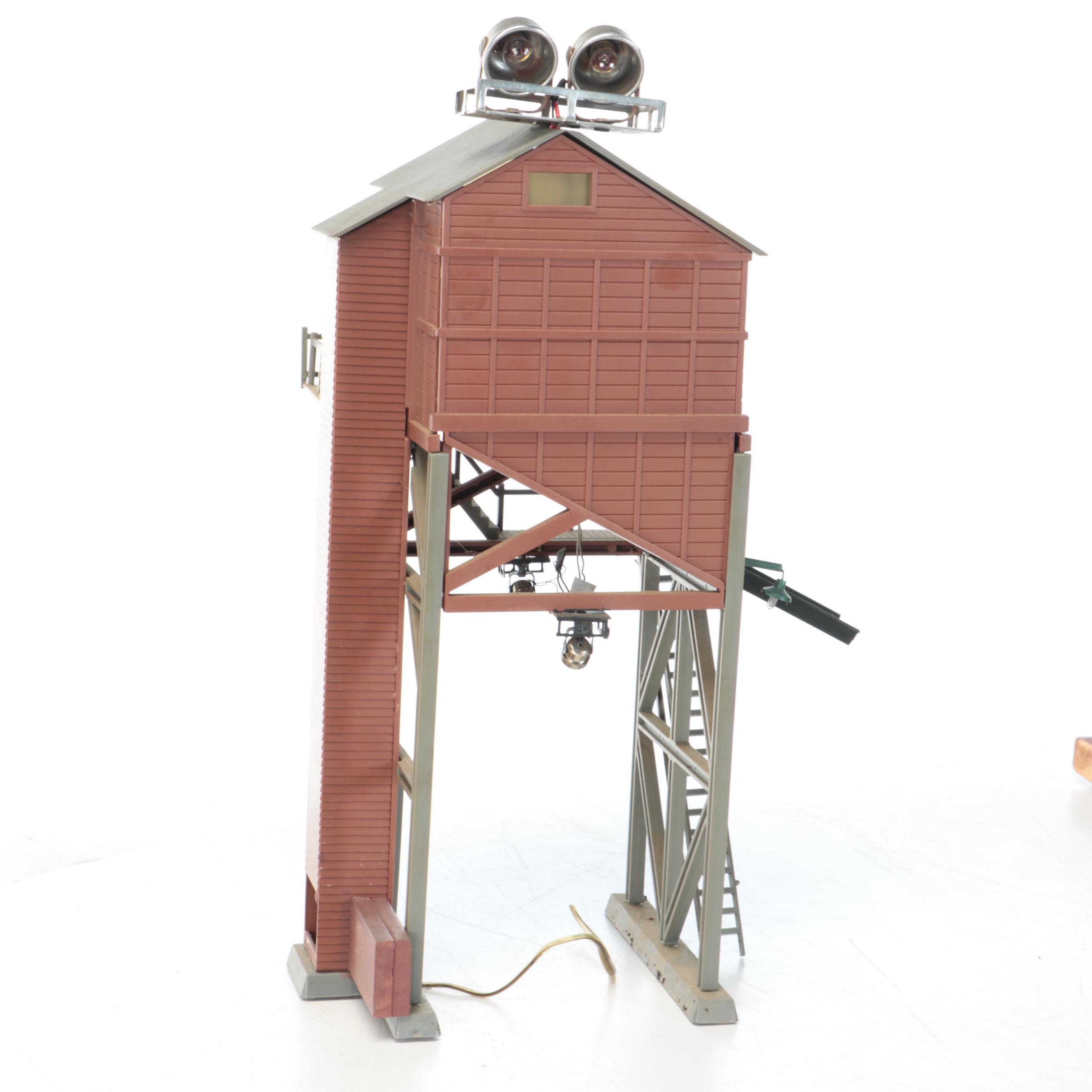 Miniature Railroad Station and Loading Area Features with "Old Trains" Wood Sign