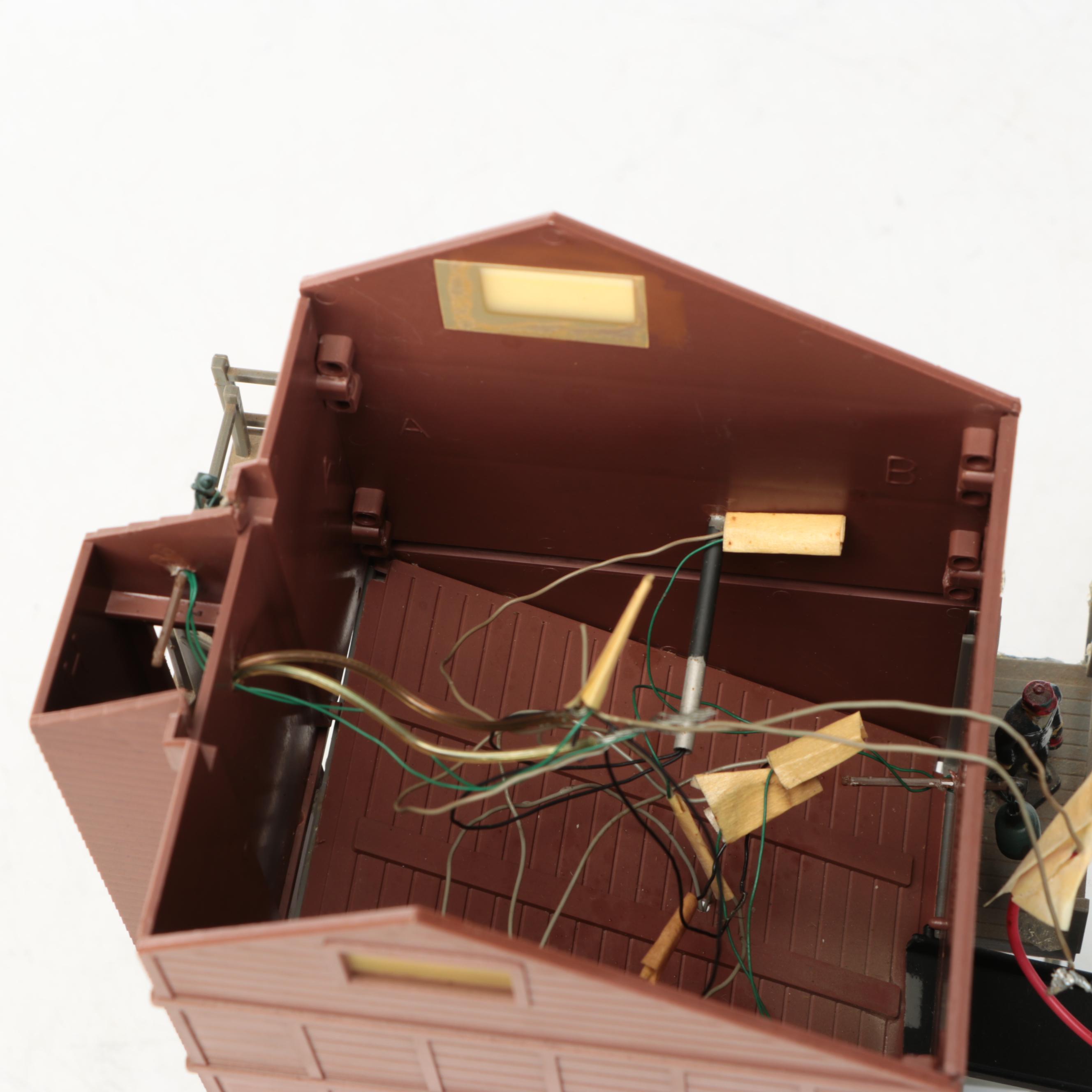 Miniature Railroad Station and Loading Area Features with "Old Trains" Wood Sign