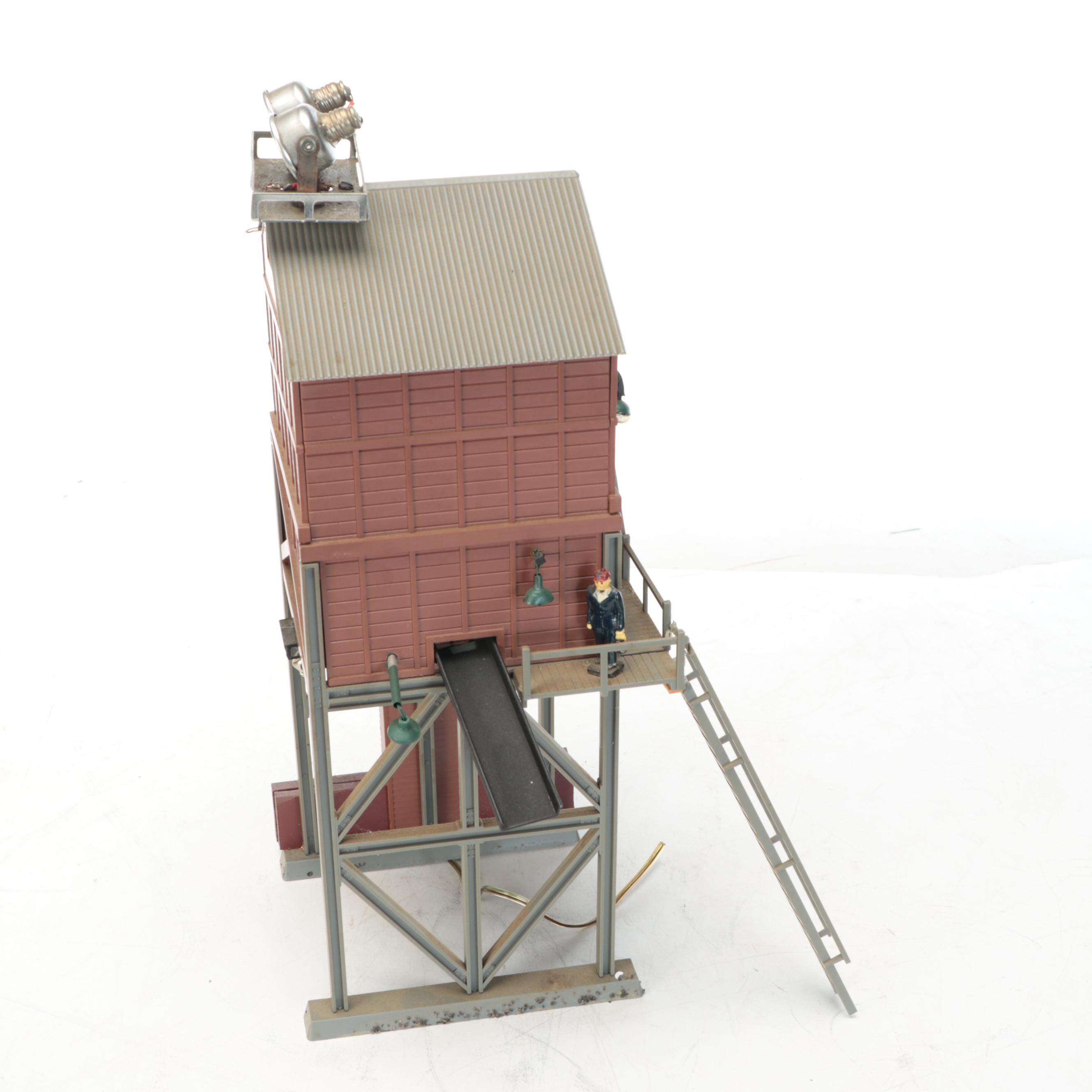 Miniature Railroad Station and Loading Area Features with "Old Trains" Wood Sign