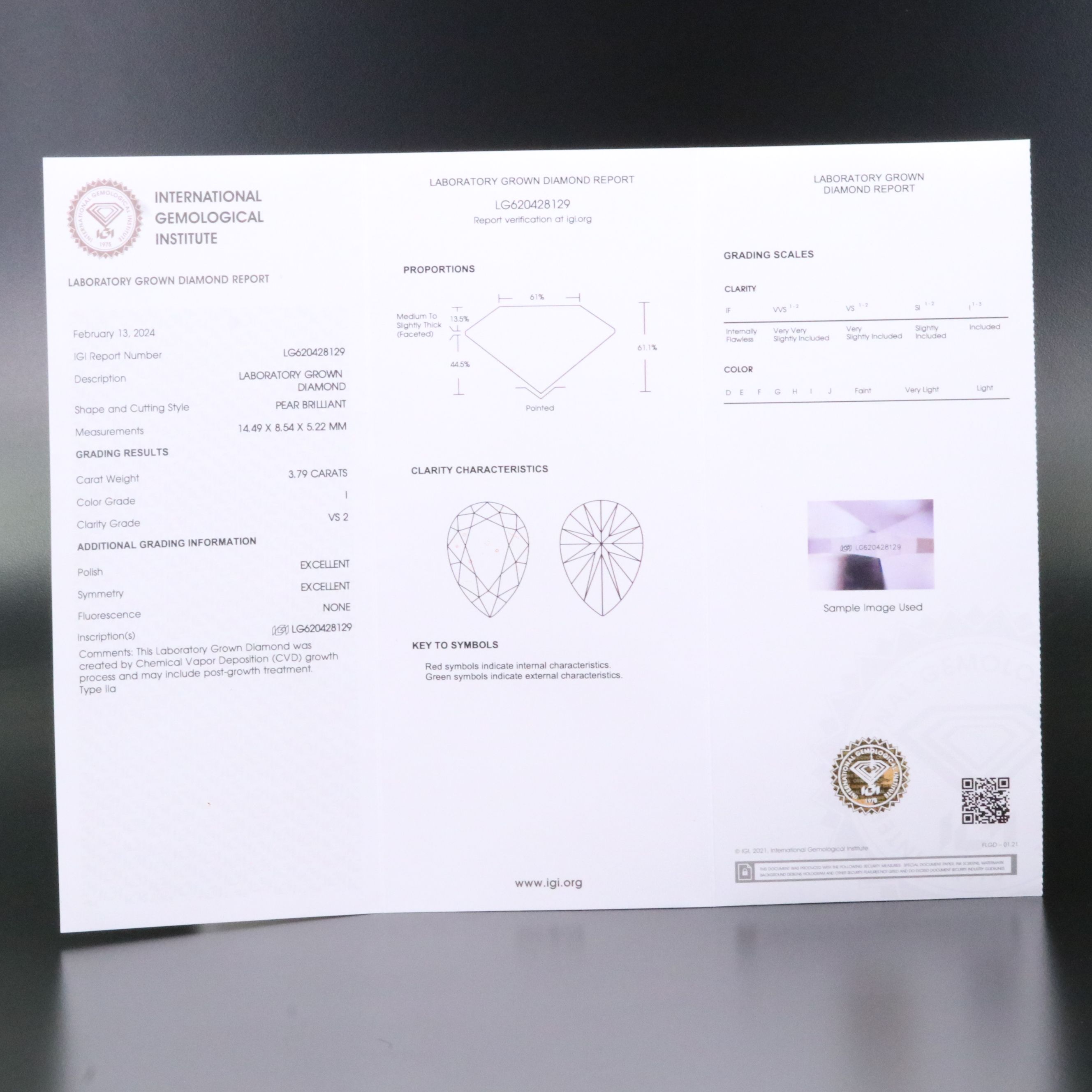 Loose 3.79 CT Lab Grown Diamond with IGI Report