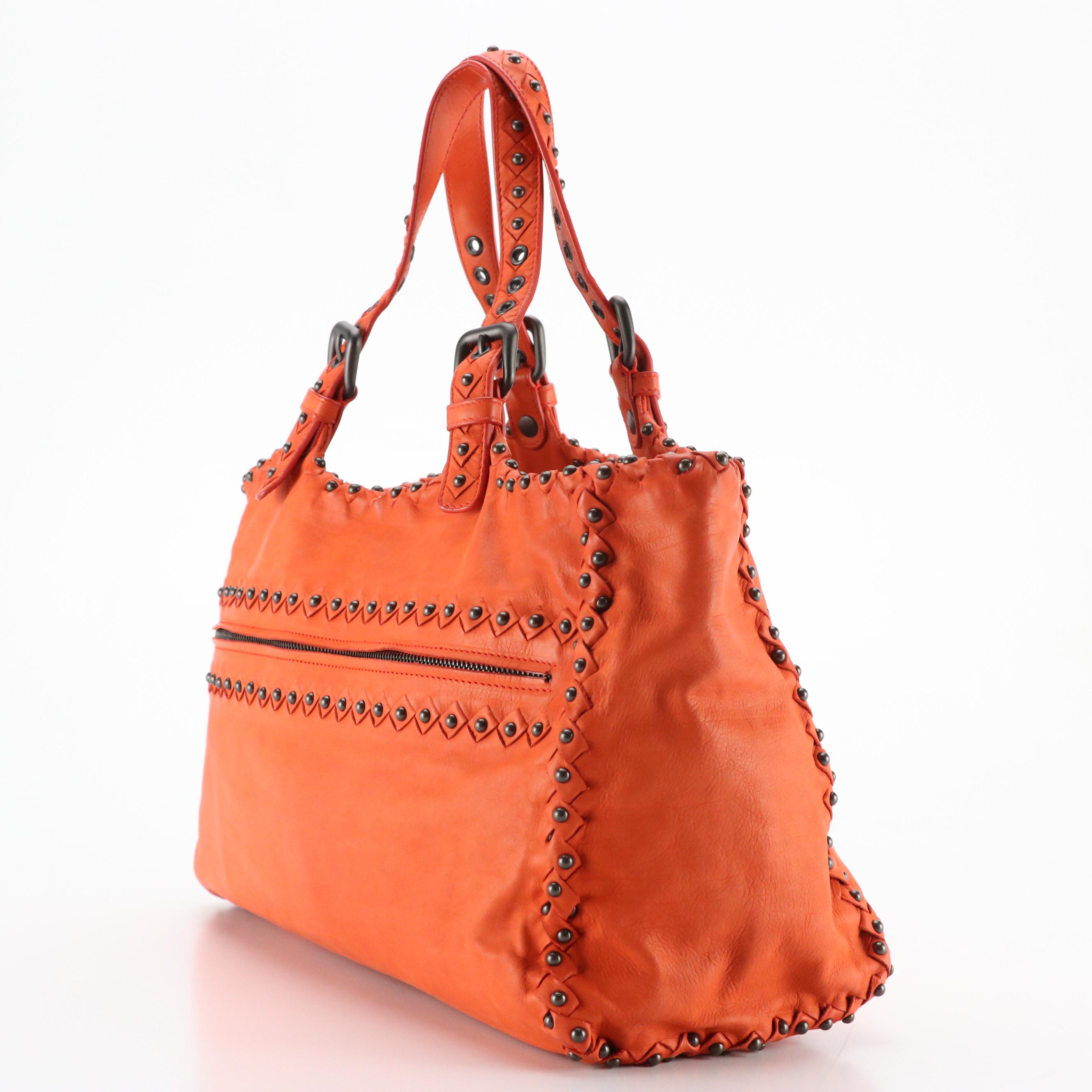 Bottega Veneta Handbag in Studded Orange Lambskin Leather & Intrecciato Accents