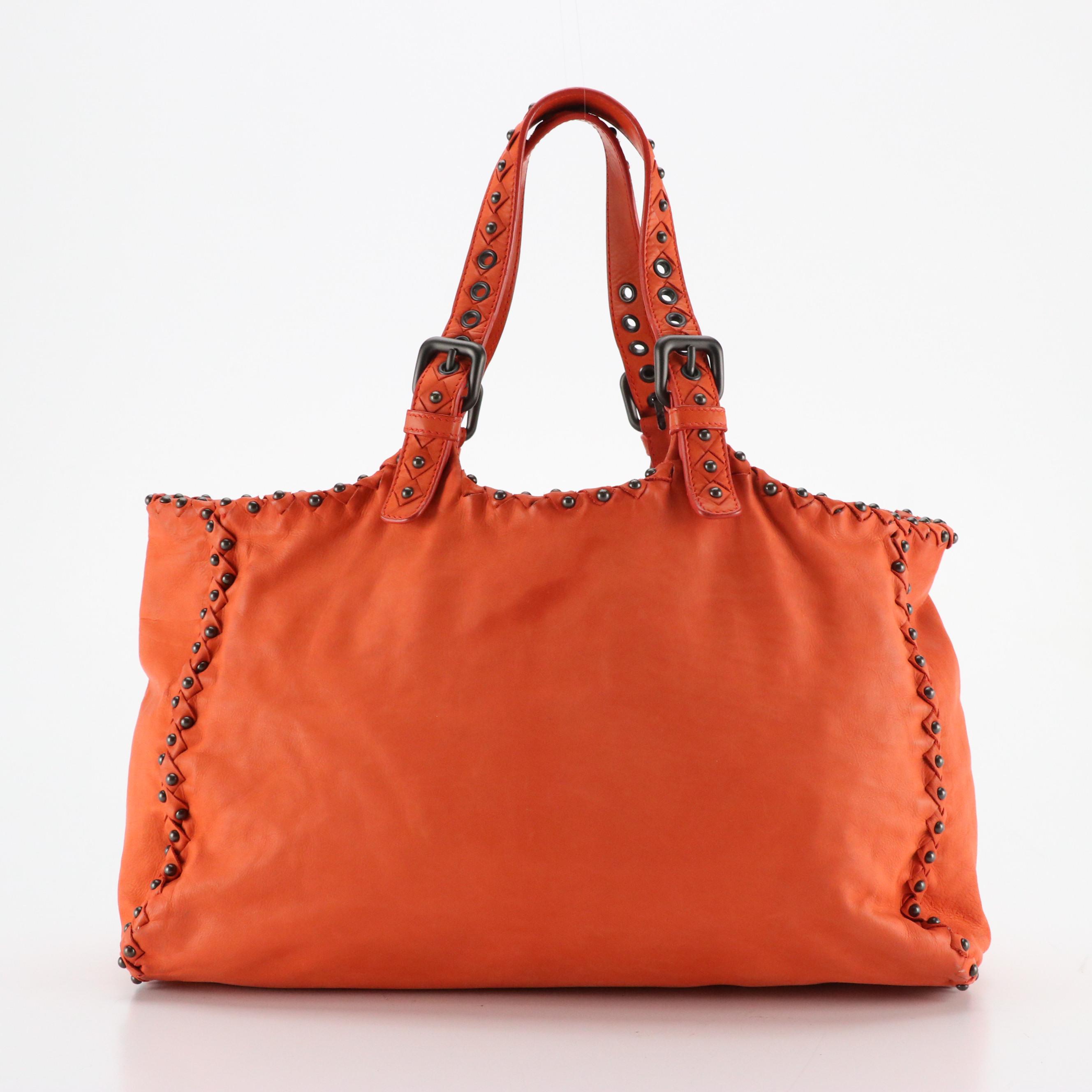 Bottega Veneta Handbag in Studded Orange Lambskin Leather & Intrecciato Accents