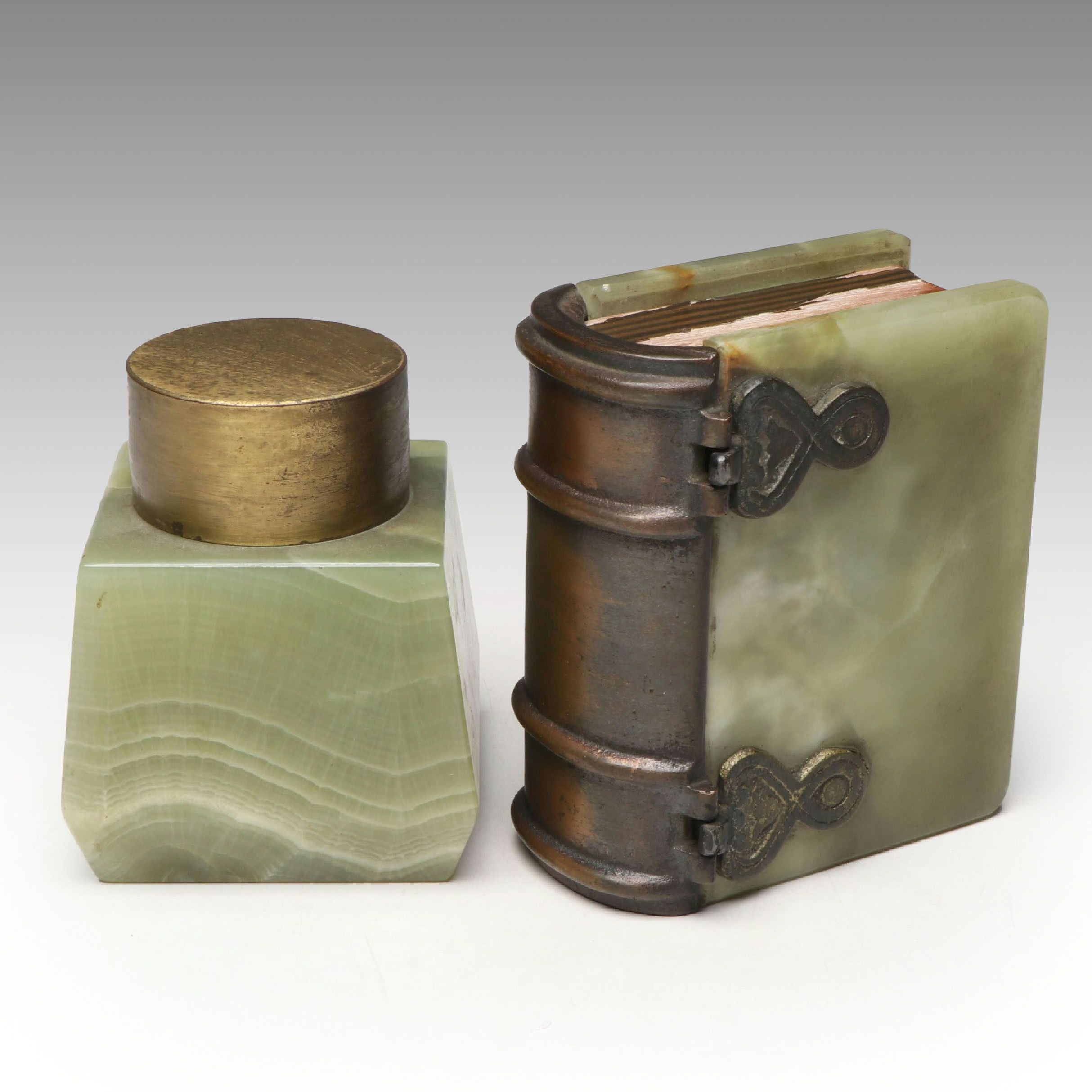 Book Form Polished Serpentine Box with Art Deco Calcite Marble and Brass Jar