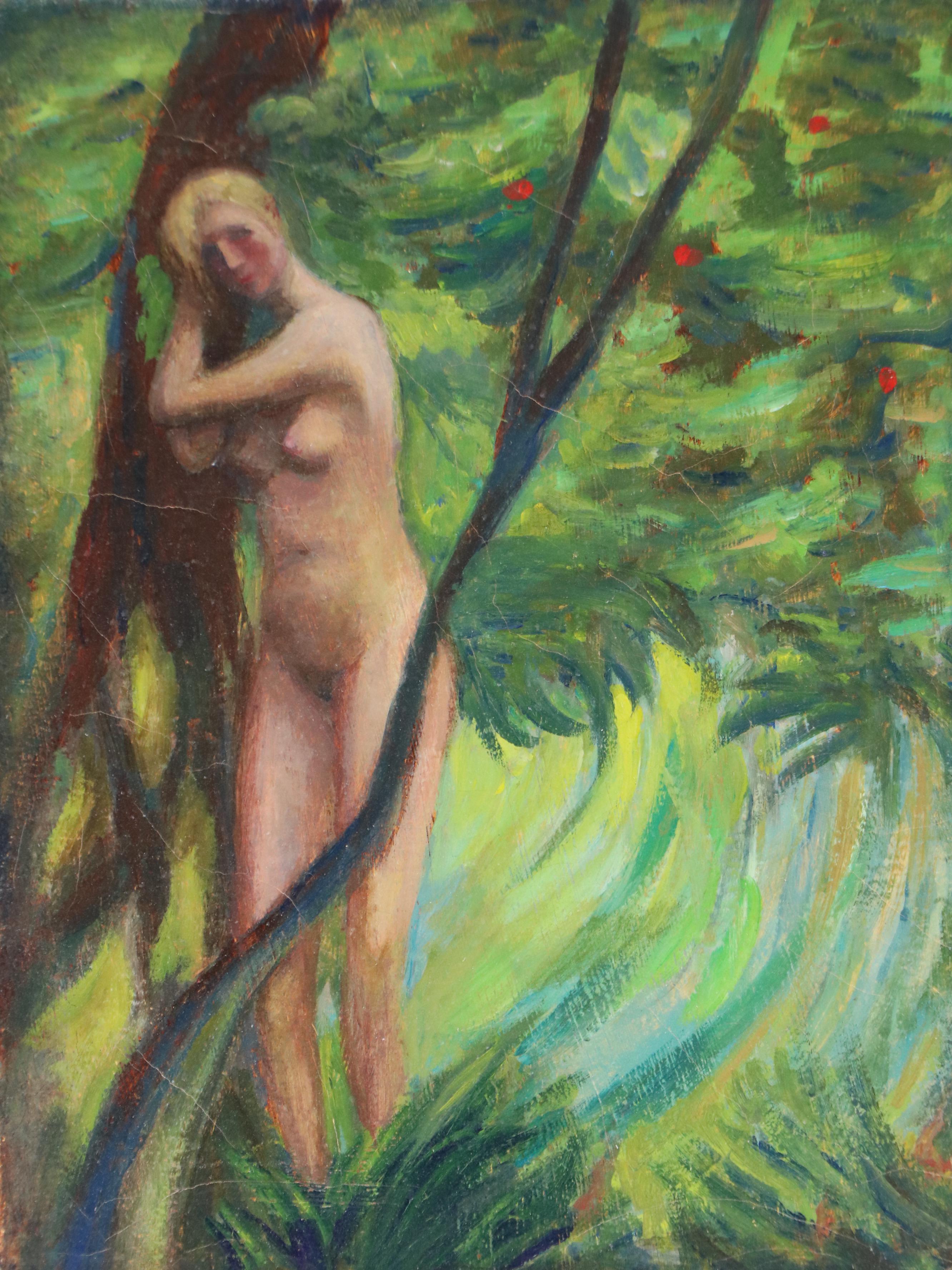 Wooded Landscape Oil Painting of Nude Woman in Foliage, Circa 2000